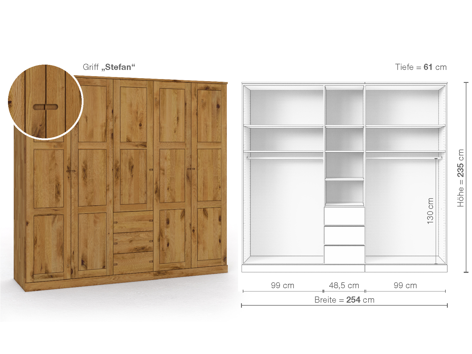 Schrank „Enzian“ aus Wildeiche, 5-türig, Höhe 235 cm, Griffausführung „Stefan“, Inneneinrichtung E