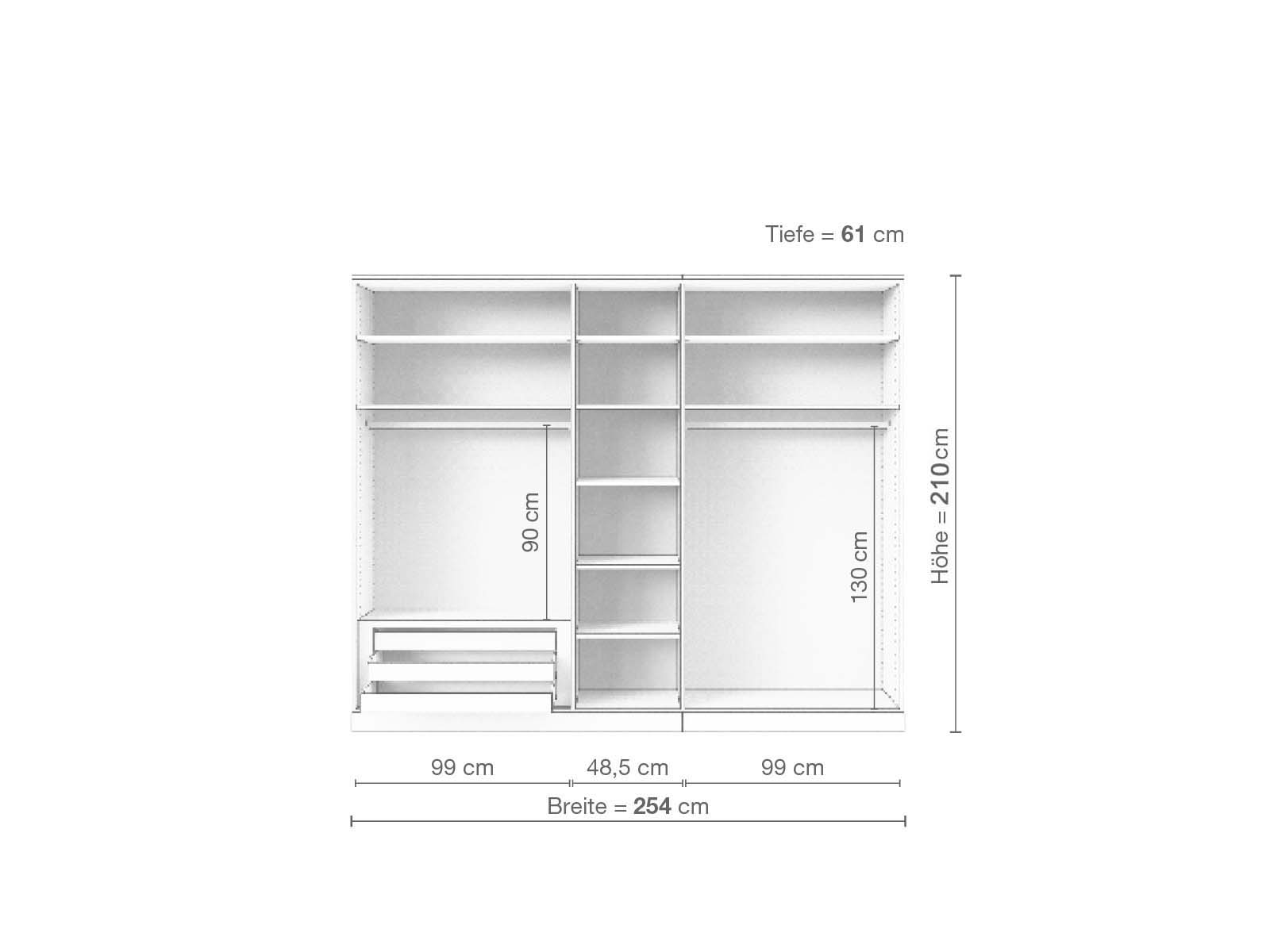 Eschenschrank „Edelweiß“, 5-türig, Höhe 210 cm, Inneneinrichtung C