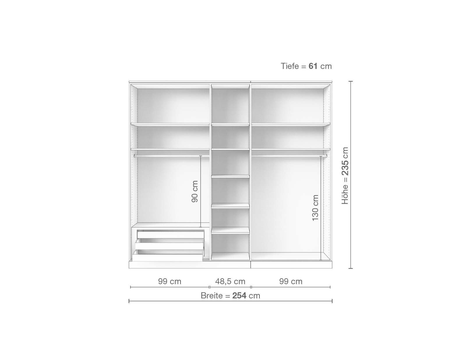 Eschenschrank „Edelweiß“, 5-türig, Höhe 235 cm, Inneneinrichtung C