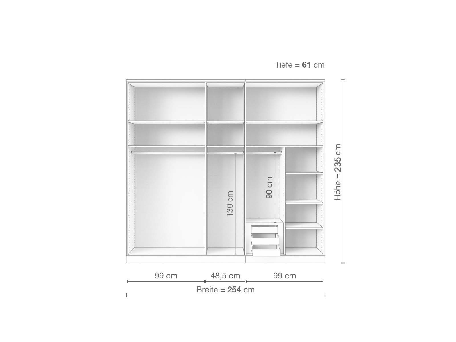 Eschenschrank „Edelweiß“, 5-türig, Höhe 235 cm, Inneneinrichtung D