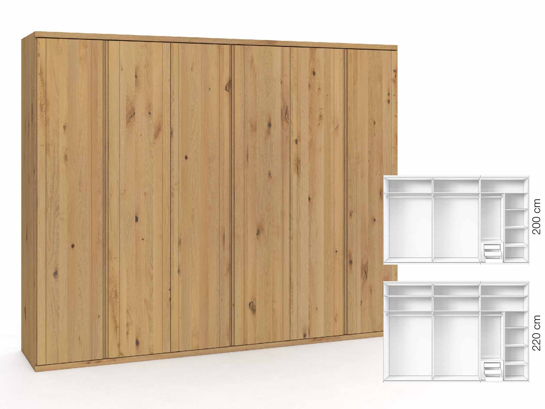 Wildeichenschrank Hell „Egon“, 6-türig, Höhe 220 cm, Griffausführung „Patrizia“, Inneneinrichtung: C