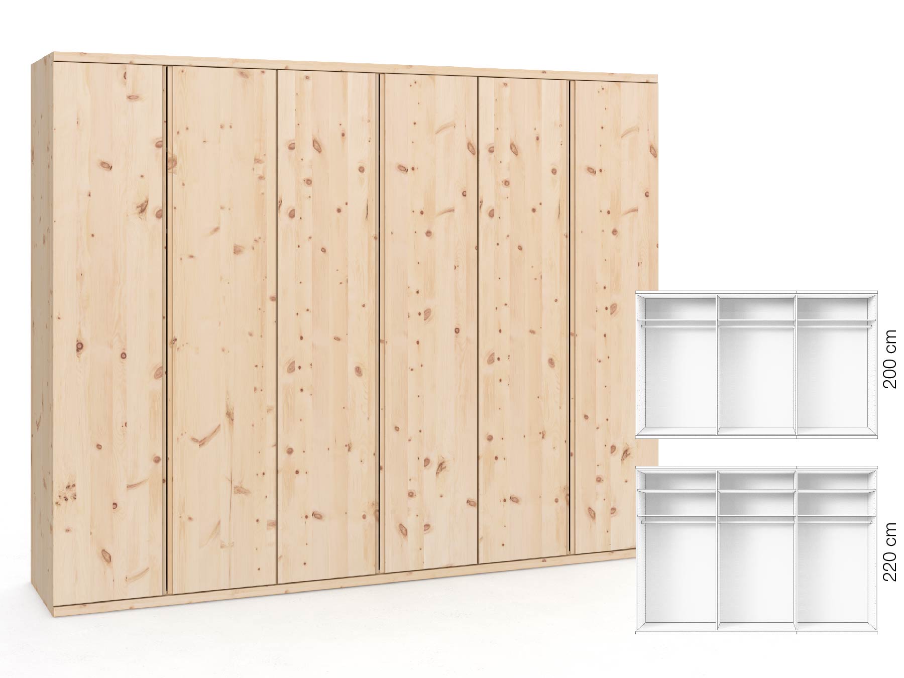 Zirbenschrank „Romana“, 6-türig, Höhe 220 cm, Griffausführung „Patrizia“, Inneneinrichtung: A