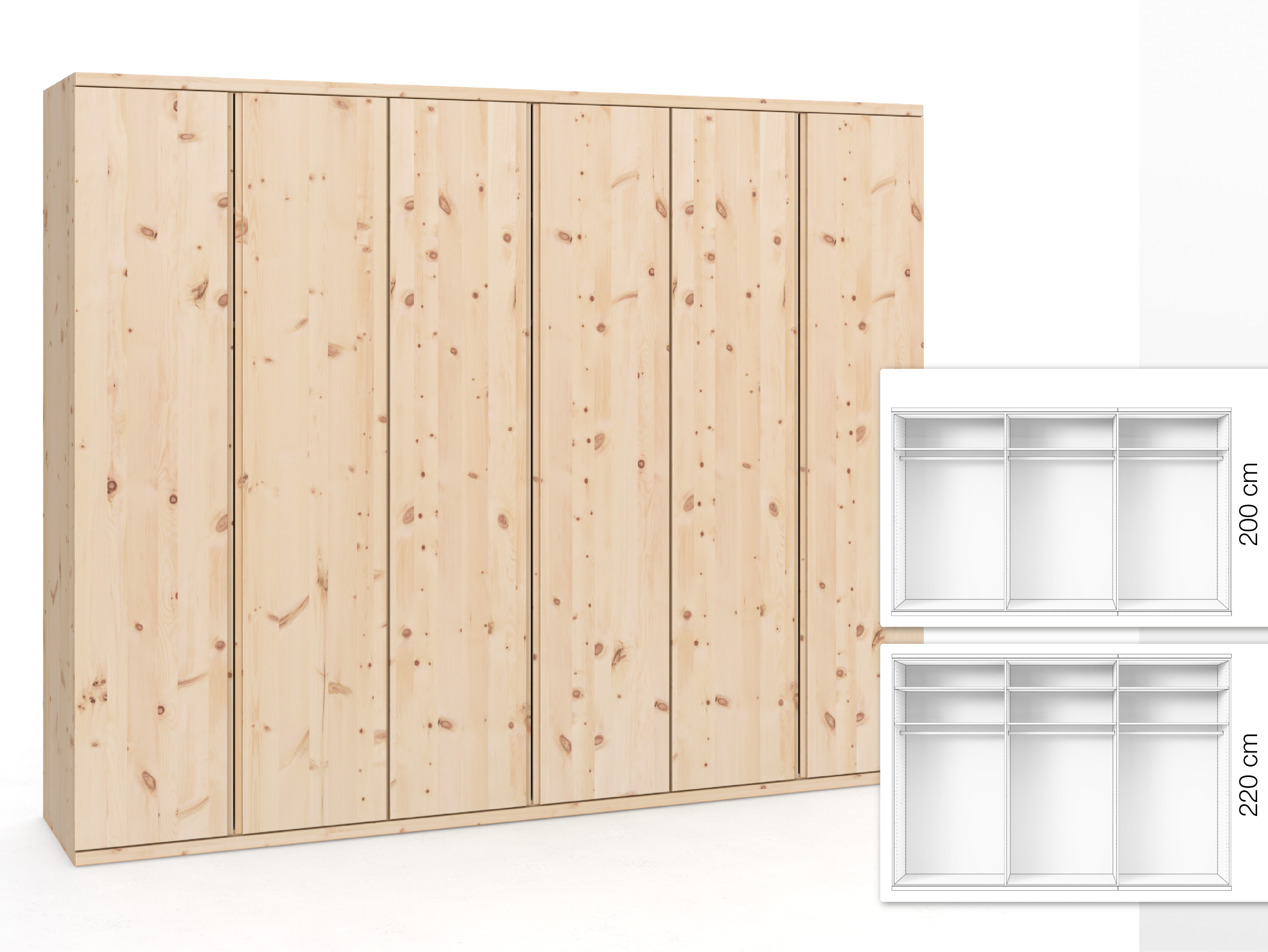 Zirbenschrank „Romana“, 6-türig, Höhe 220 cm, Griffausführung „Patrizia“, Inneneinrichtung: A