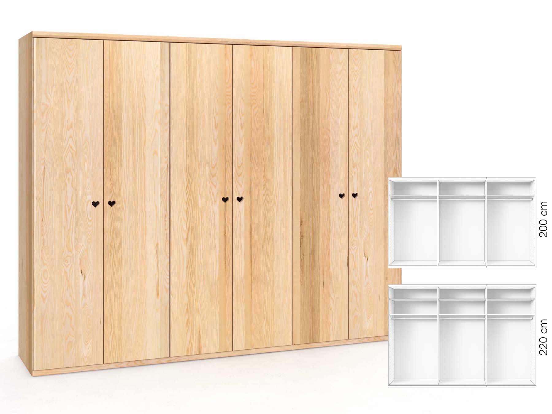 Eschenschrank „Romana“, 6-türig, Höhe 220 cm, Griffausführung „Heidi“, Inneneinrichtung: A