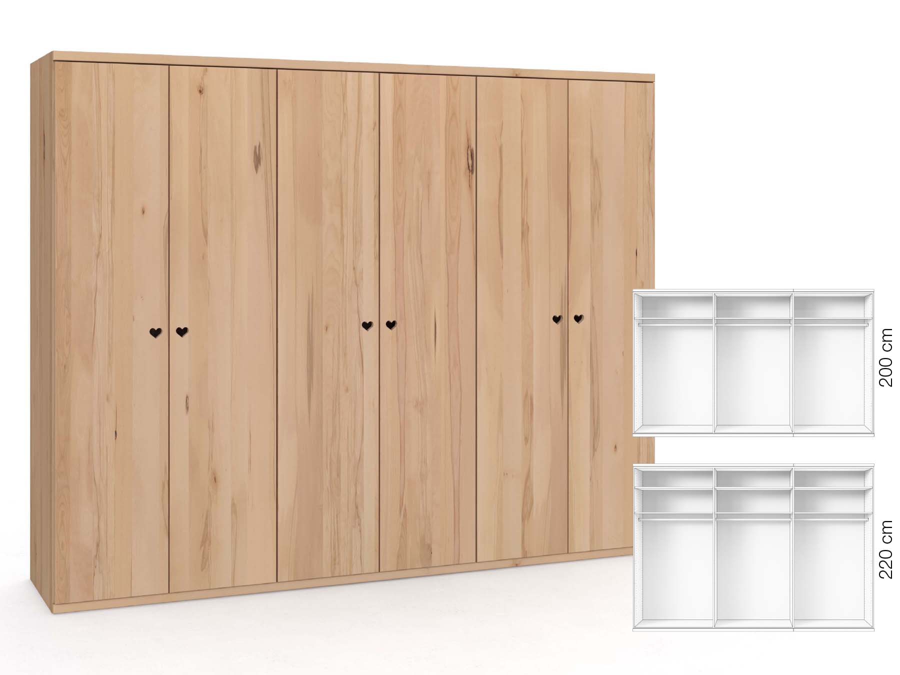 Buchenschrank „Romana“, 6-türig, Höhe 220 cm, Griffausführung „Heidi“, Inneneinrichtung: A