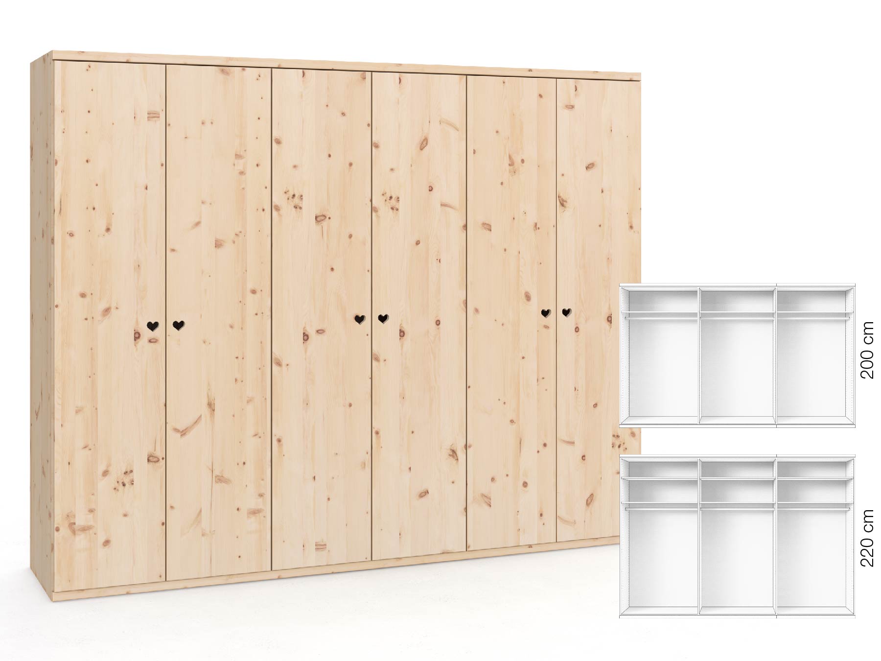 Zirbenschrank „Romana“, 6-türig, Höhe 220 cm, Griffausführung „Heidi“, Inneneinrichtung: A