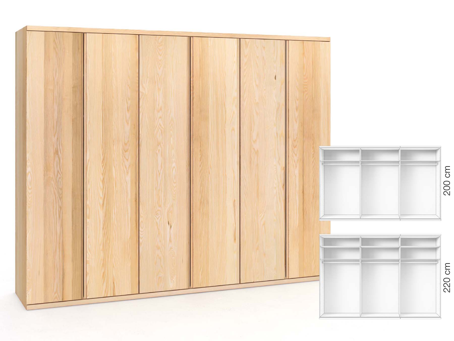 Eschenschrank „Romana“, 6-türig, Höhe 220 cm, Griffausführung „Patrizia“, Inneneinrichtung: A