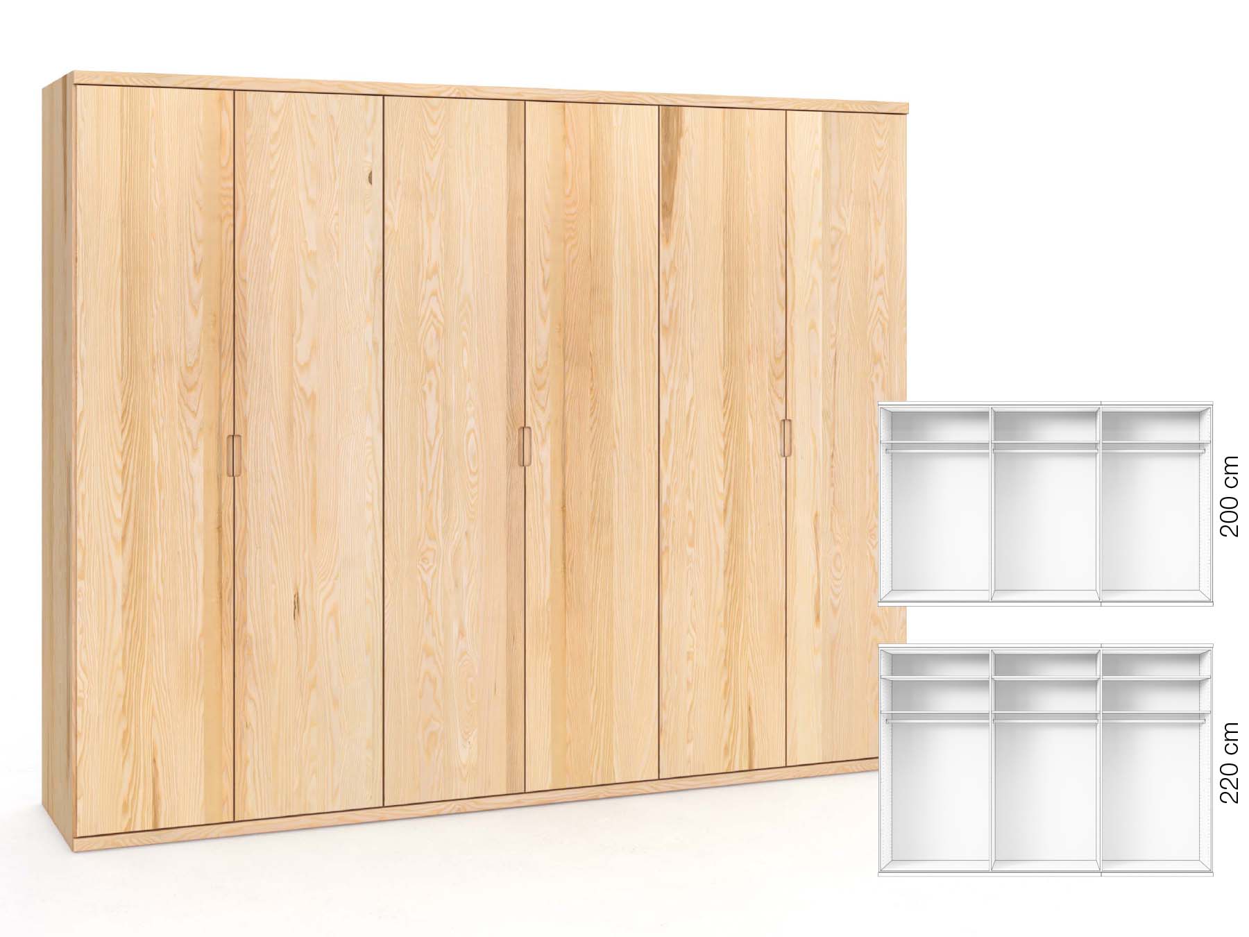 Eschenschrank „Romana“, 6-türig, Höhe 220 cm, Griffausführung „Lukas“, Inneneinrichtung: A