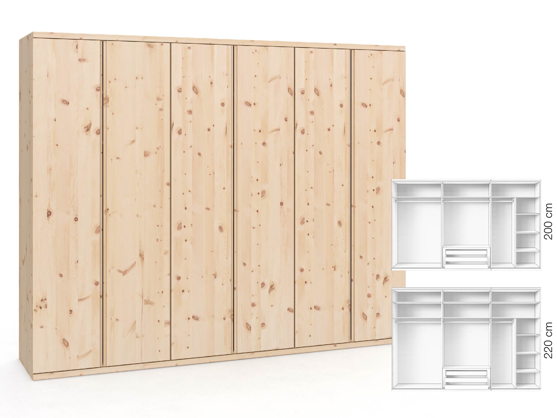 Zirbenschrank „Romana“, 6-türig, Höhe 220 cm, Griffausführung „Patrizia“, Inneneinrichtung: B