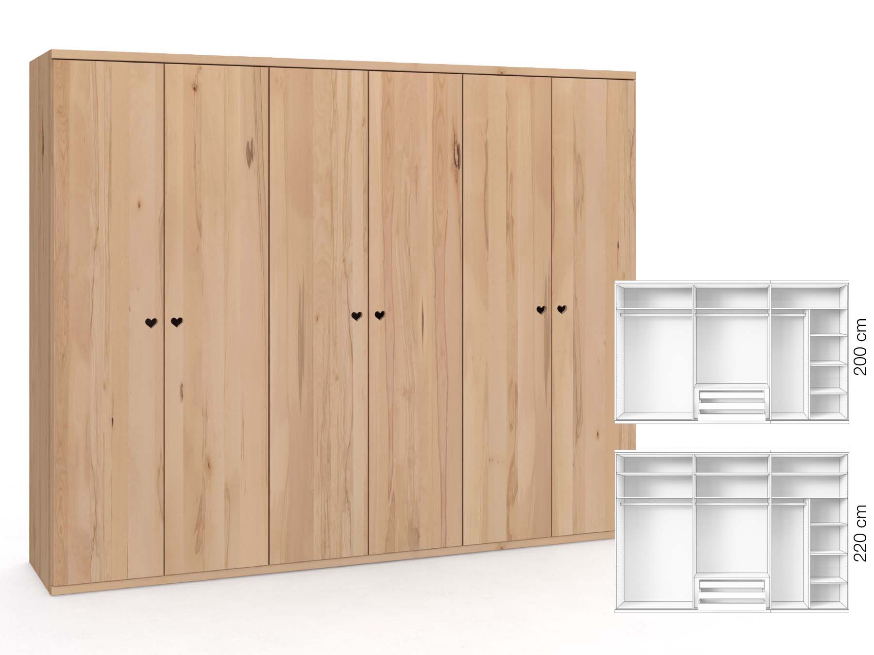 Buchenschrank „Romana“, 6-türig, Höhe 220 cm, Griffausführung „Heidi“, Inneneinrichtung: B