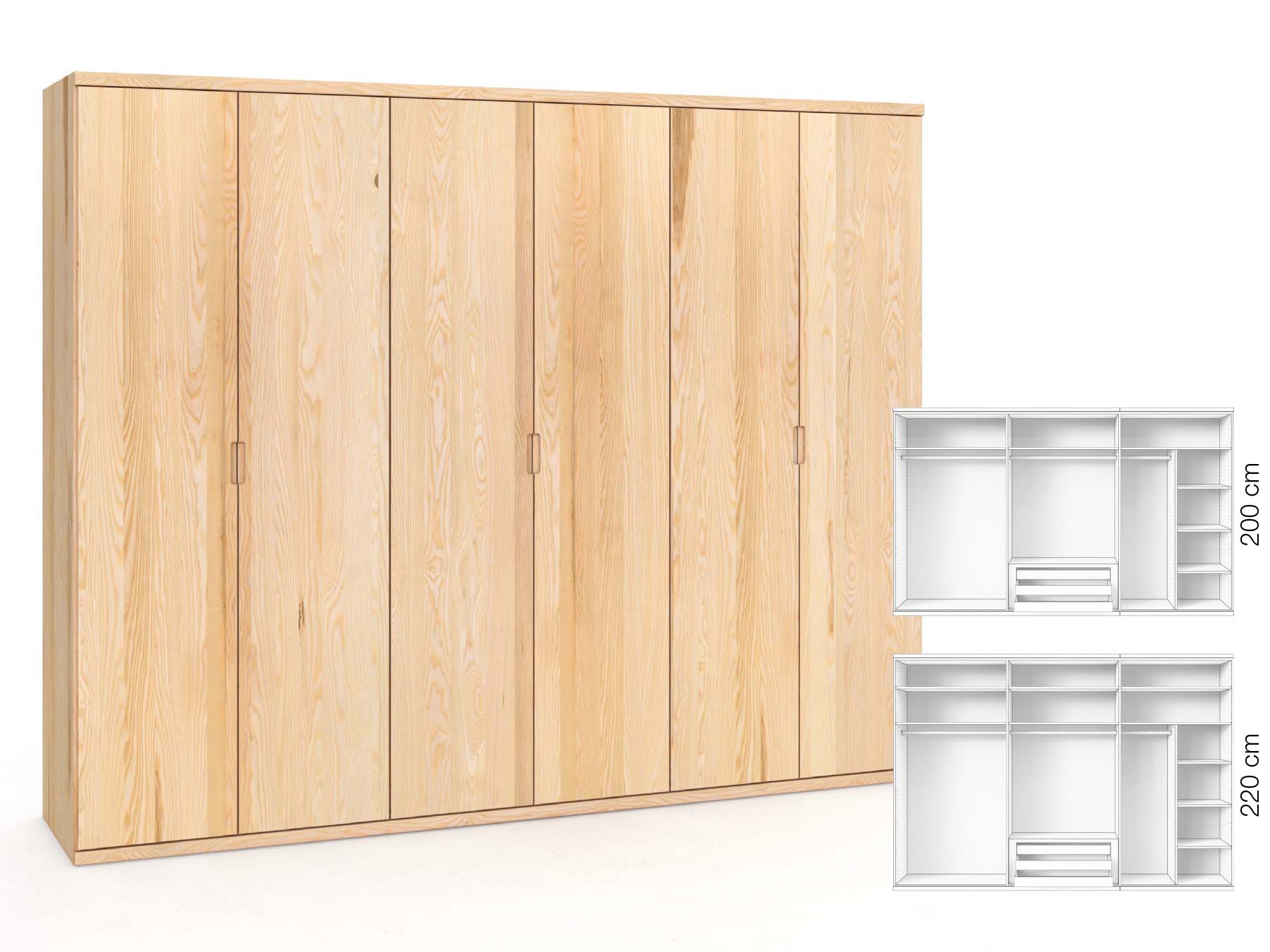 Eschenschrank „Romana“, 6-türig, Höhe 220 cm, Griffausführung „Lukas“, Inneneinrichtung: B