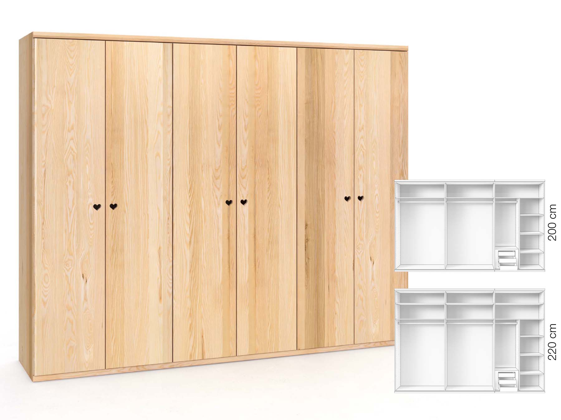 Eschenschrank „Romana“, 6-türig, Höhe 220 cm, Griffausführung „Heidi“, Inneneinrichtung: C