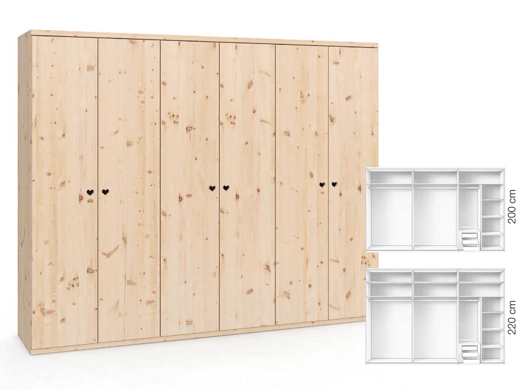 Zirbenschrank „Romana“, 6-türig, Höhe 220 cm, Griffausführung „Heidi“, Inneneinrichtung: C