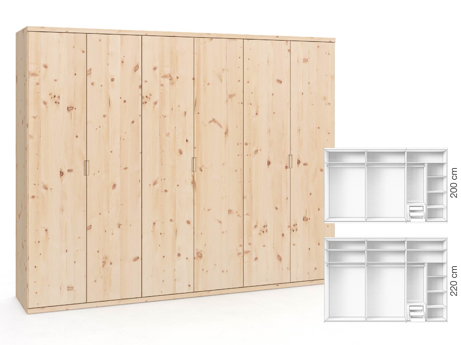 Zirbenschrank „Romana“, 6-türig, Höhe 220 cm, Griffausführung „Lukas“, Inneneinrichtung: C