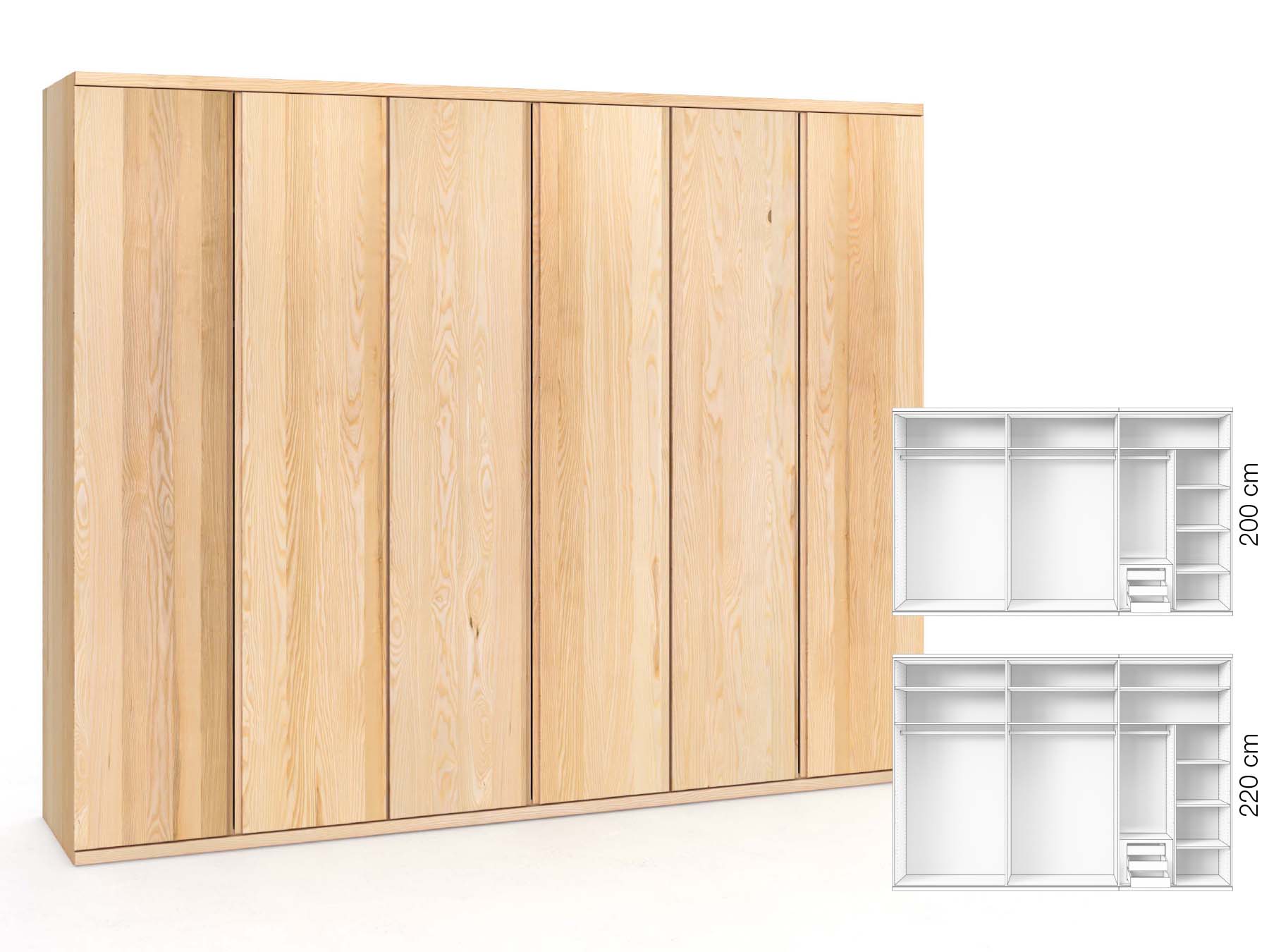 Eschenschrank „Romana“, 6-türig, Höhe 220 cm, Griffausführung „Patrizia“, Inneneinrichtung: C