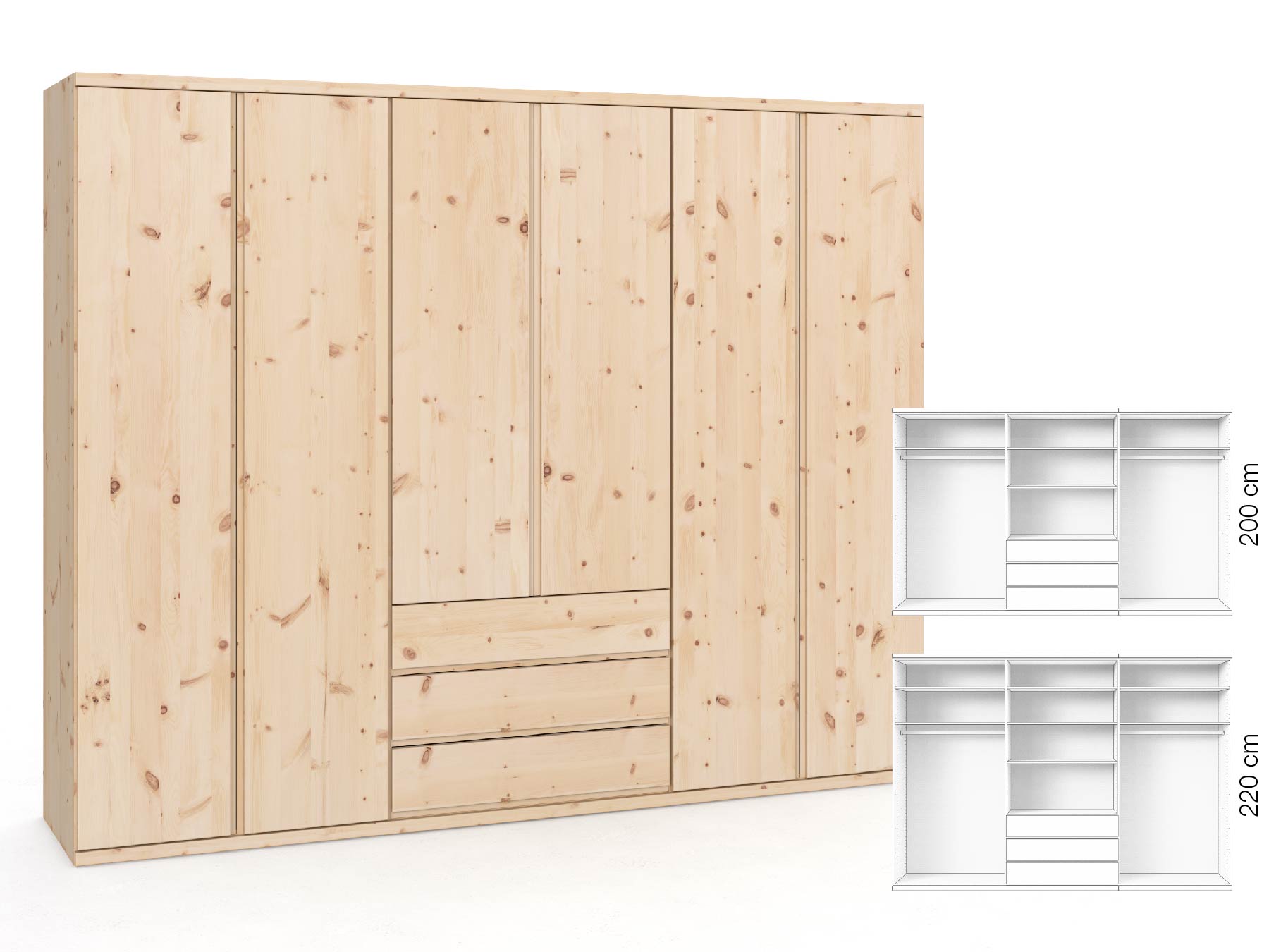 Zirbenschrank „Romana“, 6-türig, Höhe 220 cm, Griffausführung „Patrizia“, Inneneinrichtung: D