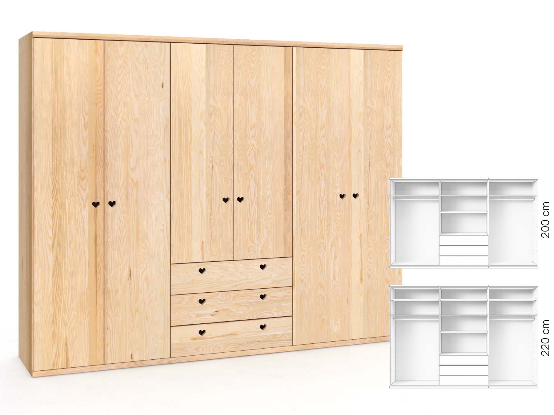 Eschenschrank „Romana“, 6-türig, Höhe 220 cm, Griffausführung „Heidi“, Inneneinrichtung: D