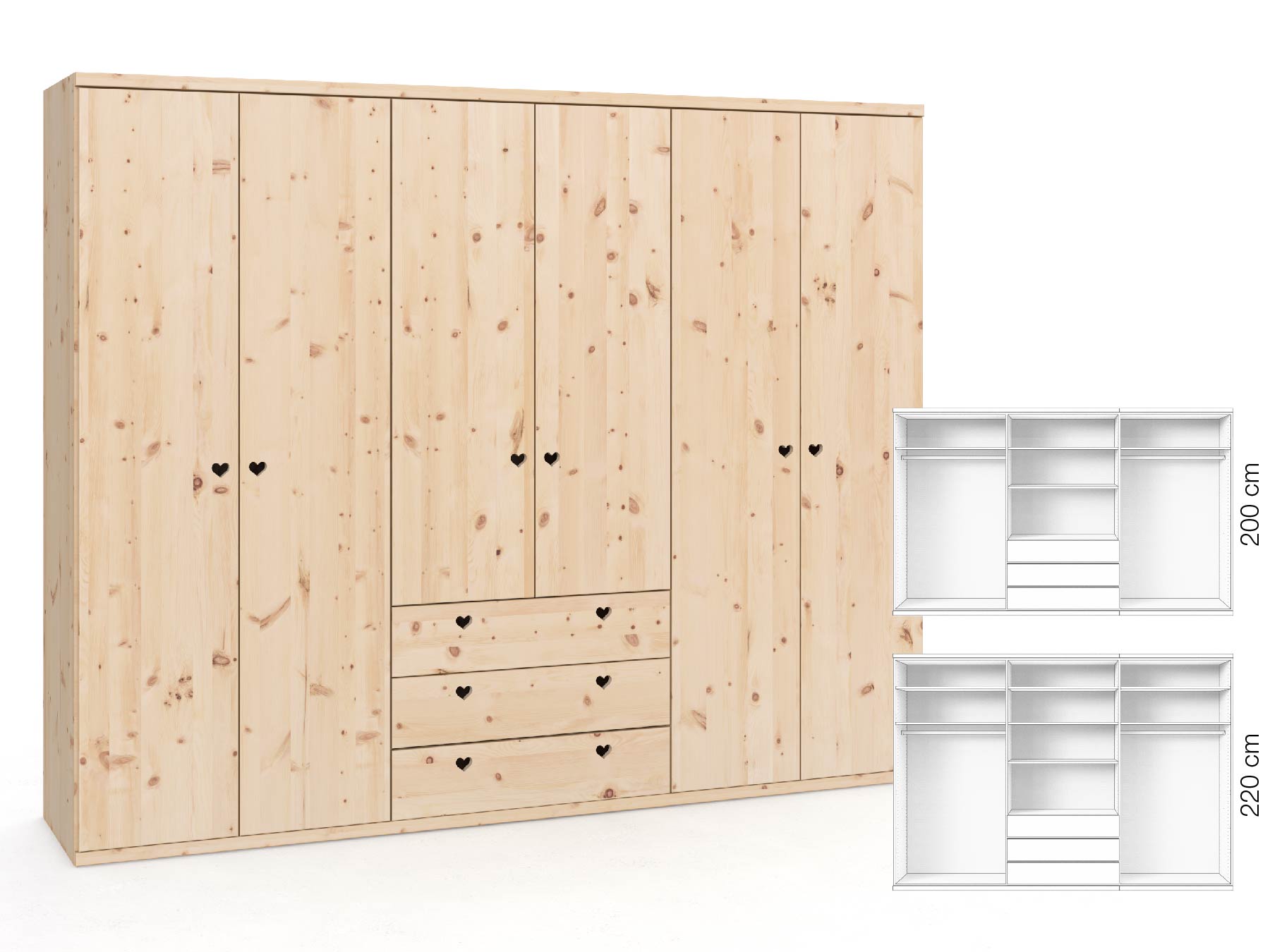 Zirbenschrank „Romana“, 6-türig, Höhe 220 cm, Griffausführung „Heidi“, Inneneinrichtung: D