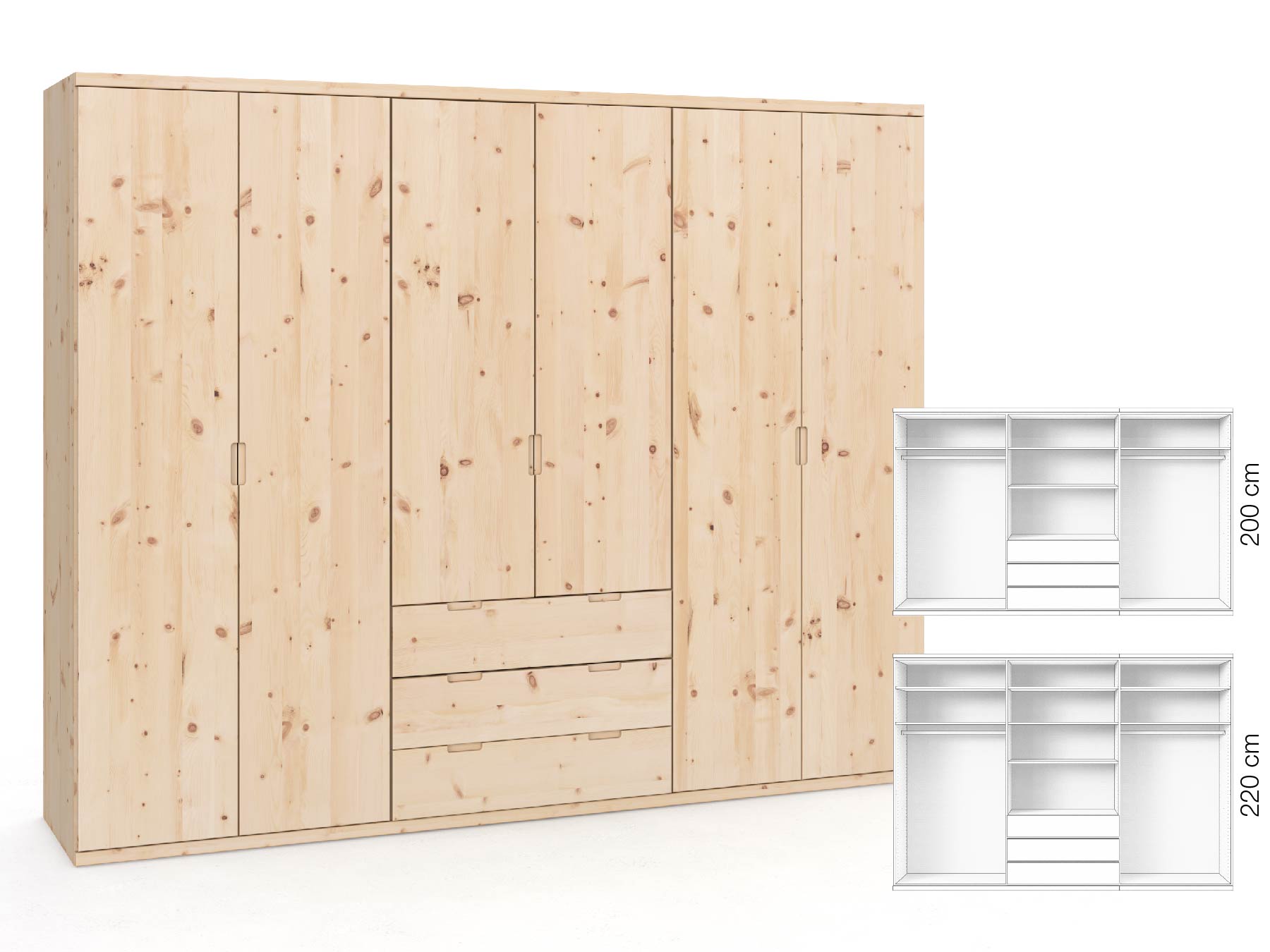 Zirbenschrank „Romana“, 6-türig, Höhe 220 cm, Griffausführung „Lukas“, Inneneinrichtung: D
