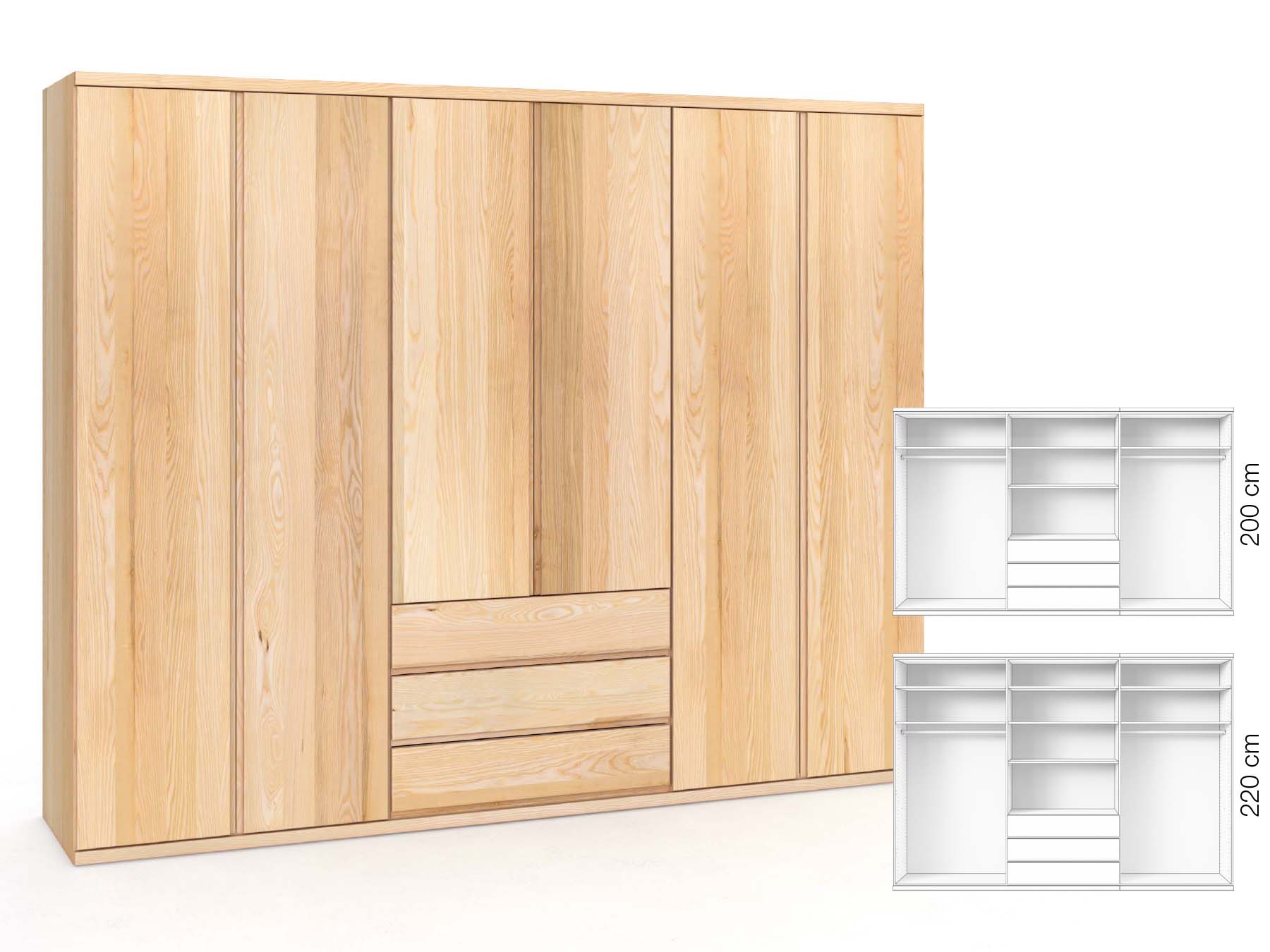 Eschenschrank „Romana“, 6-türig, Höhe 220 cm, Griffausführung „Patrizia“, Inneneinrichtung: D