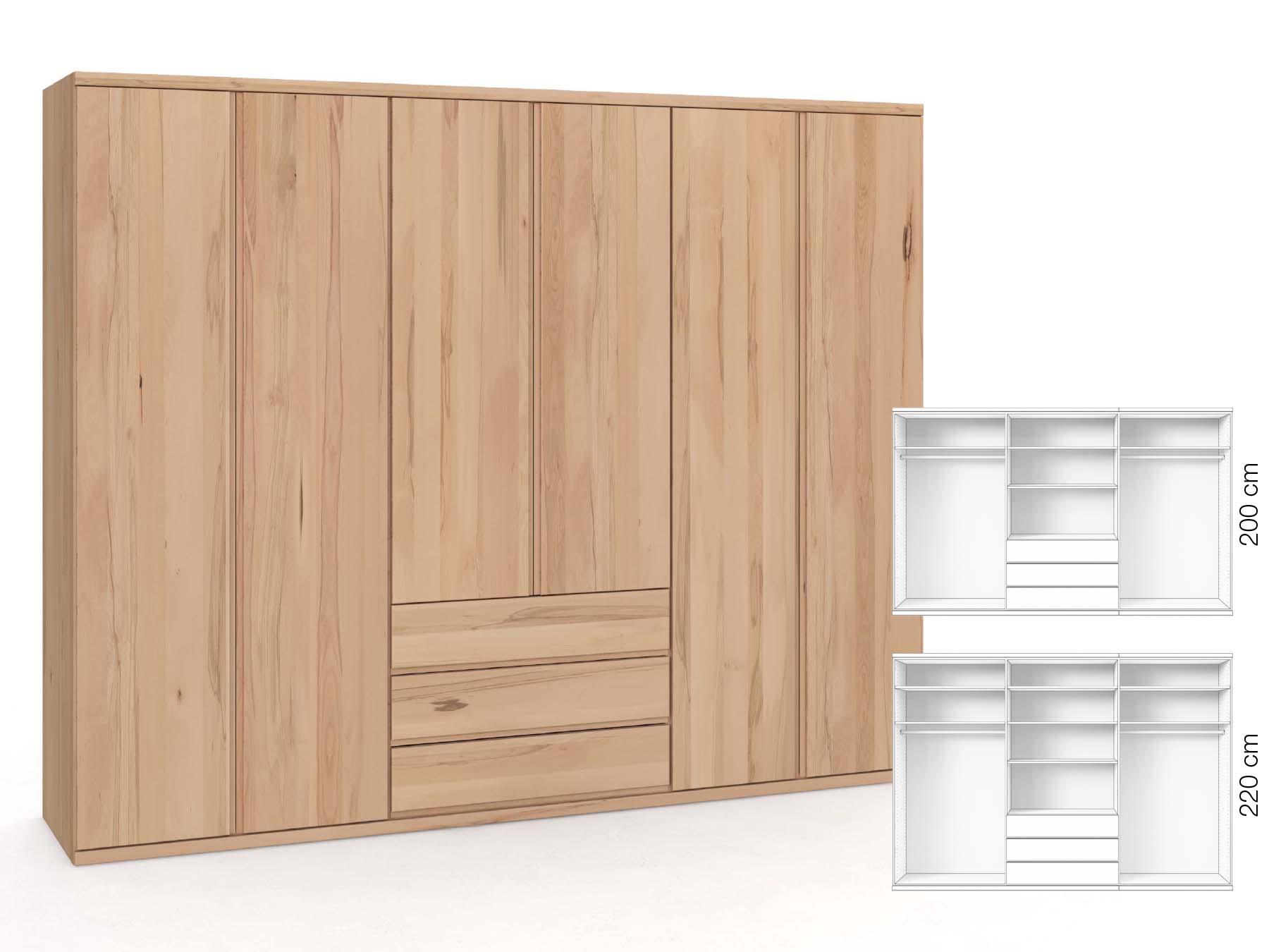 Buchenschrank „Romana“, 6-türig, Höhe 220 cm, Griffausführung „Patrizia“, Inneneinrichtung: D