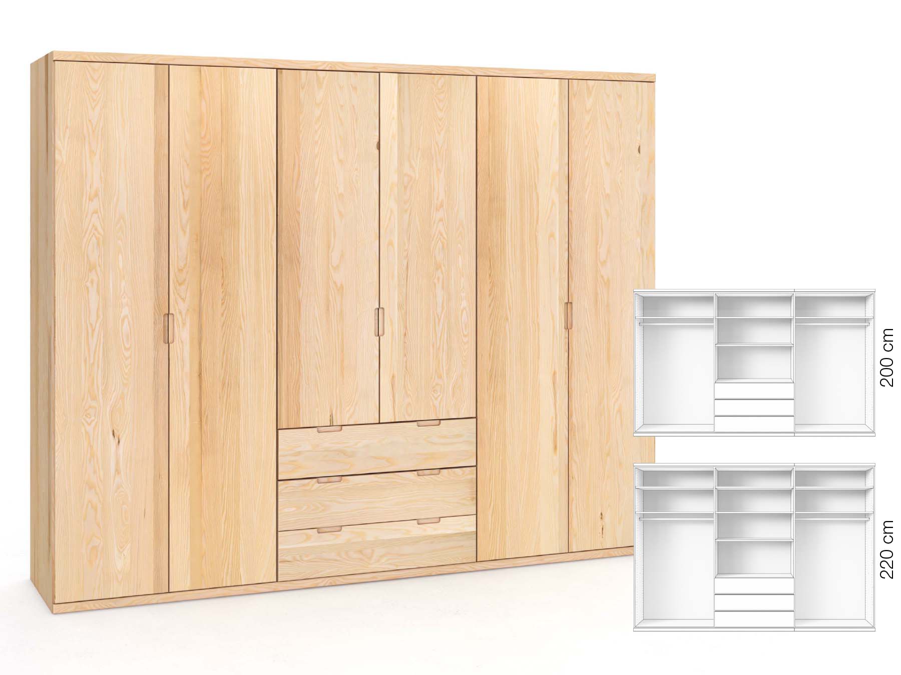 Eschenschrank „Romana“, 6-türig, Höhe 220 cm, Griffausführung „Lukas“, Inneneinrichtung: D