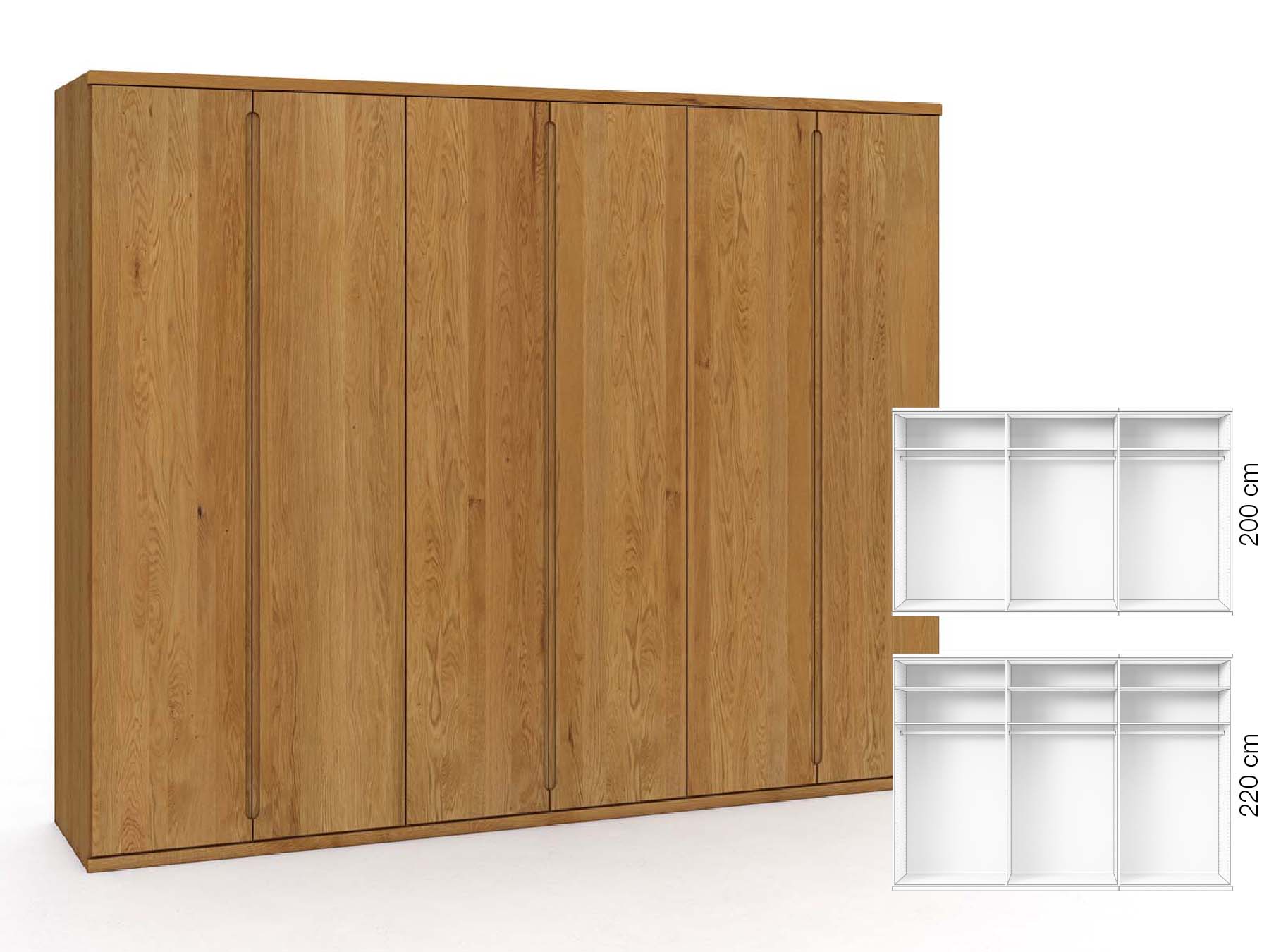Eichenschrank „Valentin“, 6-türig, Höhe 220 cm, Griffausführung „Lukas“, Inneneinrichtung: A