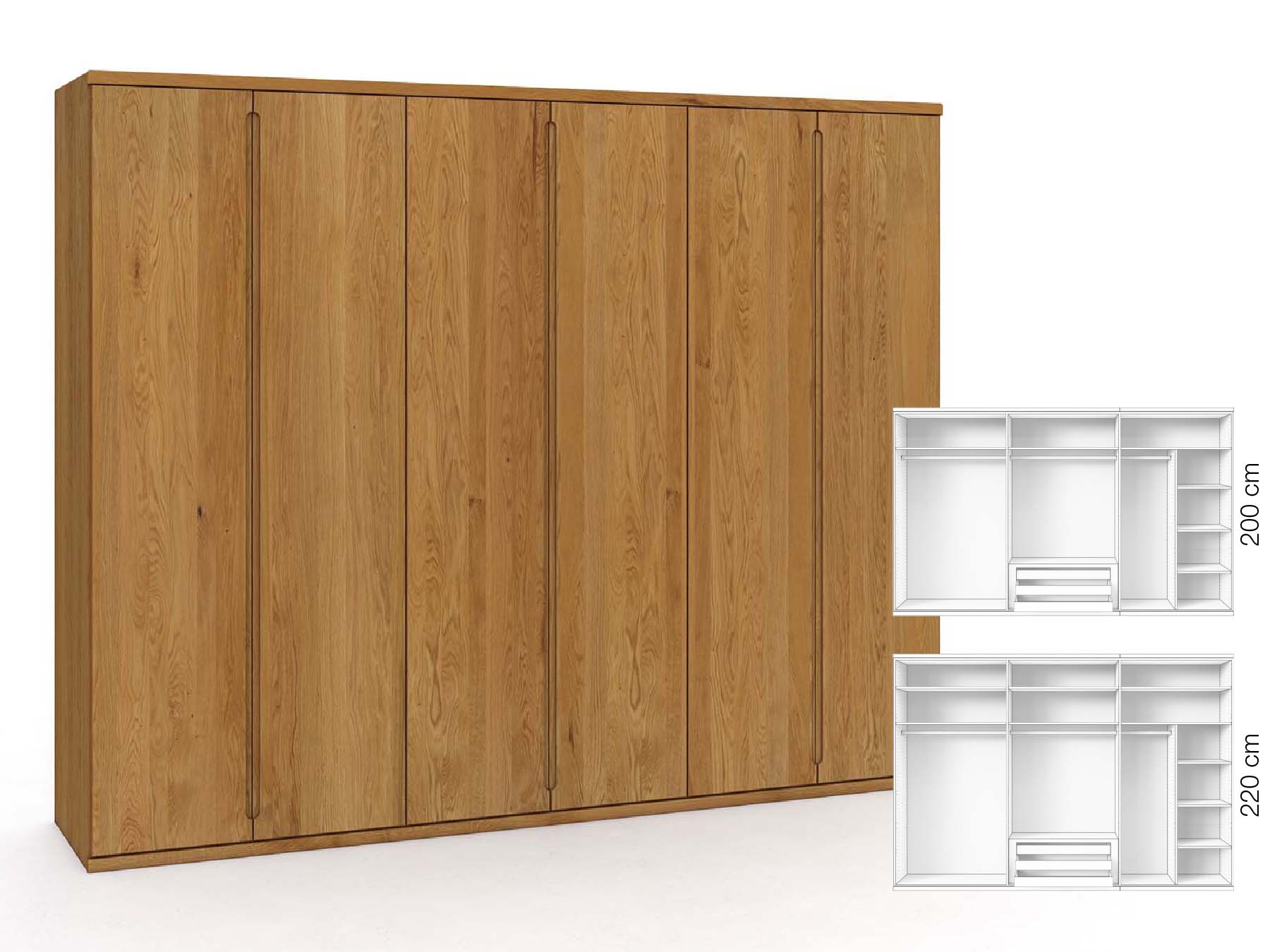 Eichenschrank „Valentin“, 6-türig, Höhe 220 cm, Griffausführung „Lukas“, Inneneinrichtung: B
