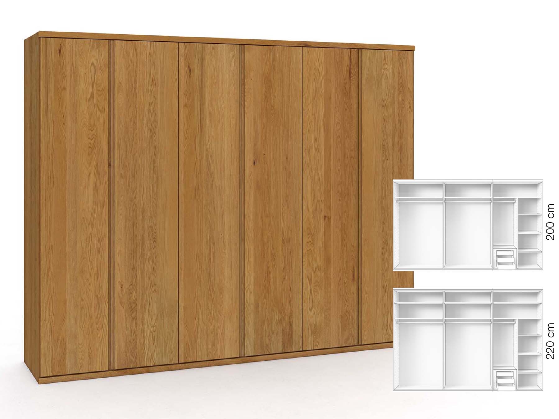 Eichenschrank „Valentin“, 6-türig, Höhe 220 cm, Griffausführung „Patrizia“, Inneneinrichtung: C