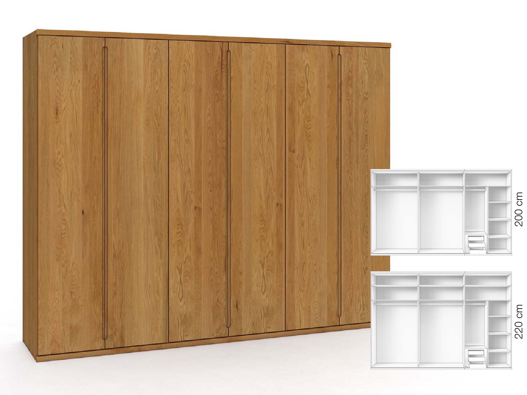 Eichenschrank „Valentin“, 6-türig, Höhe 220 cm, Griffausführung „Lukas“, Inneneinrichtung: C