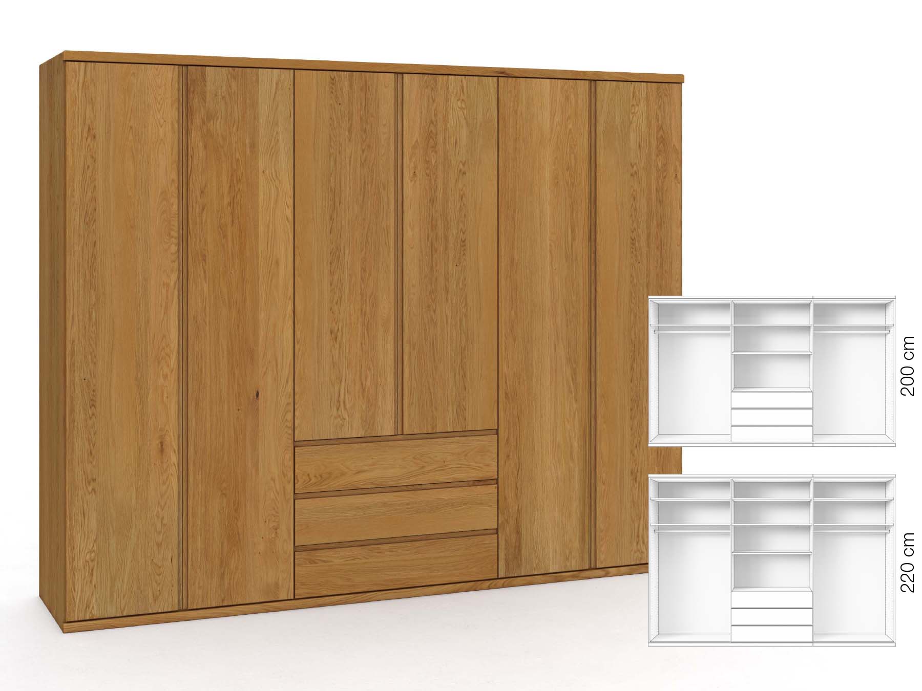 Eichenschrank „Valentin“, 6-türig, Höhe 220 cm, Griffausführung „Patrizia“, Inneneinrichtung: D