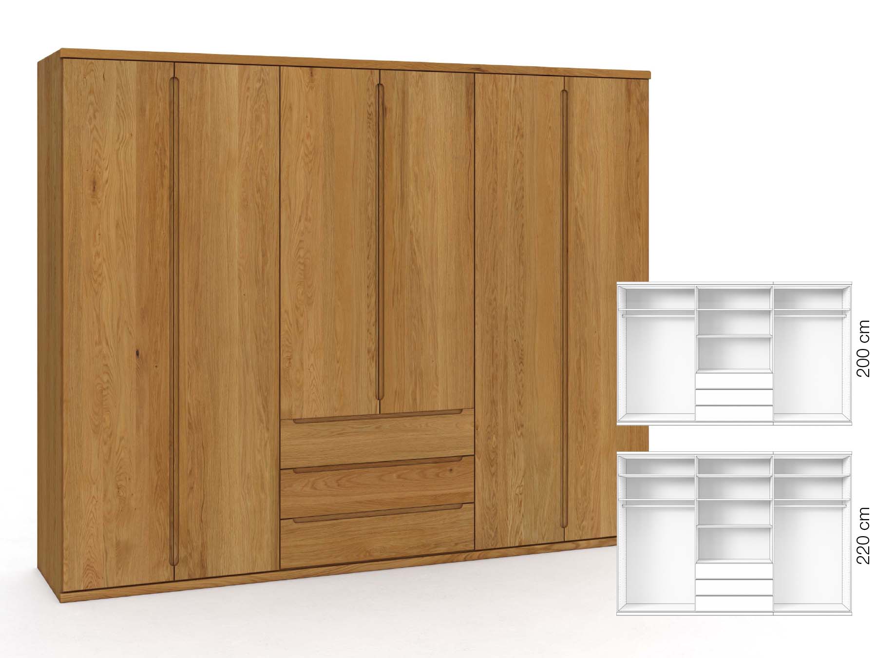 Eichenschrank „Valentin“, 6-türig, Höhe 220 cm, Griffausführung „Lukas“, Inneneinrichtung: D
