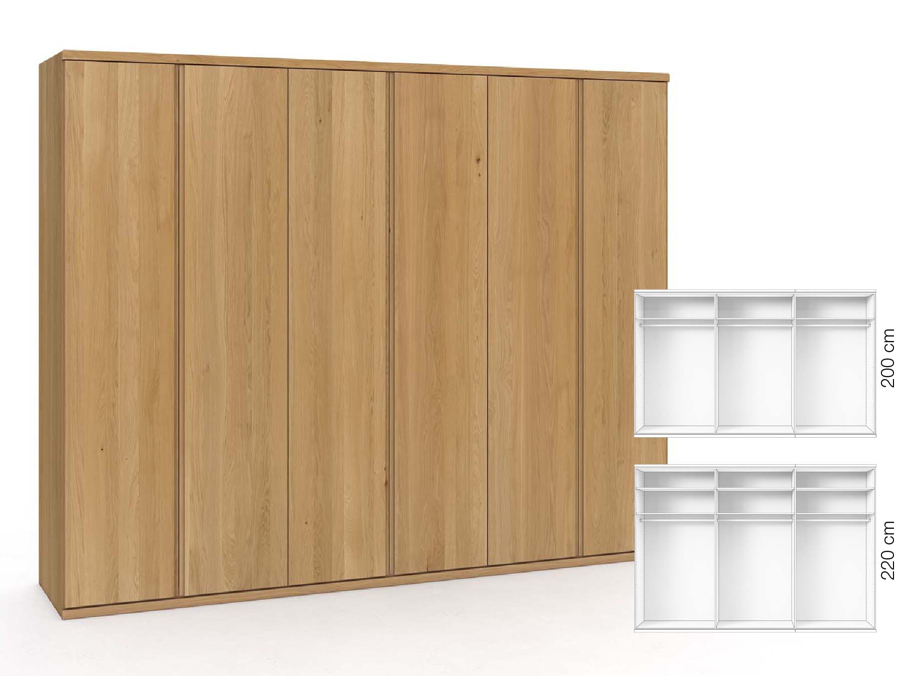 Eichenschrank Hell „Valentin“, 6-türig, Höhe 220 cm, Griffausführung „Patrizia“, Inneneinrichtung: A