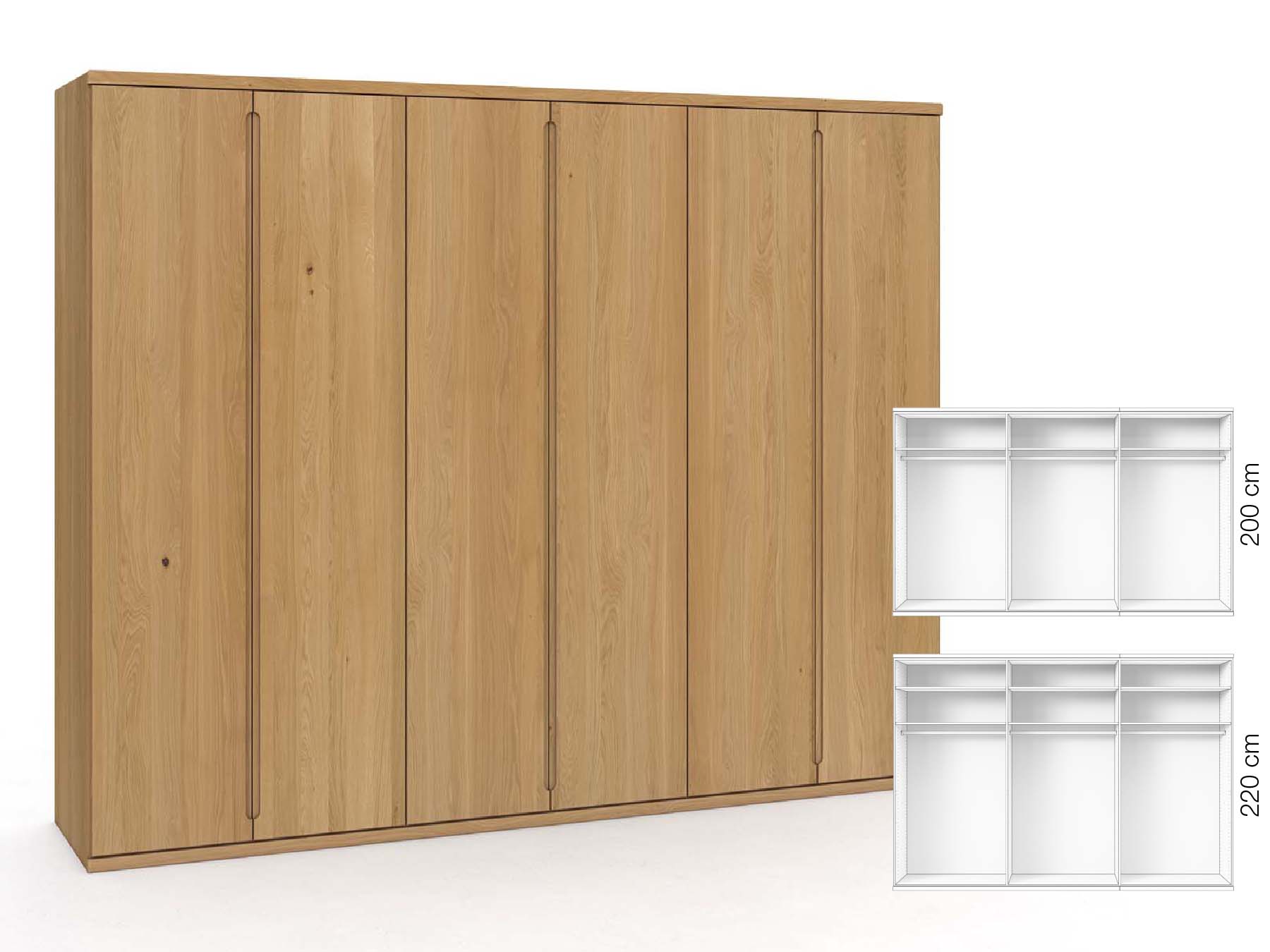 Eichenschrank Hell „Valentin“, 6-türig, Höhe 220 cm, Griffausführung „Lukas“, Inneneinrichtung: A