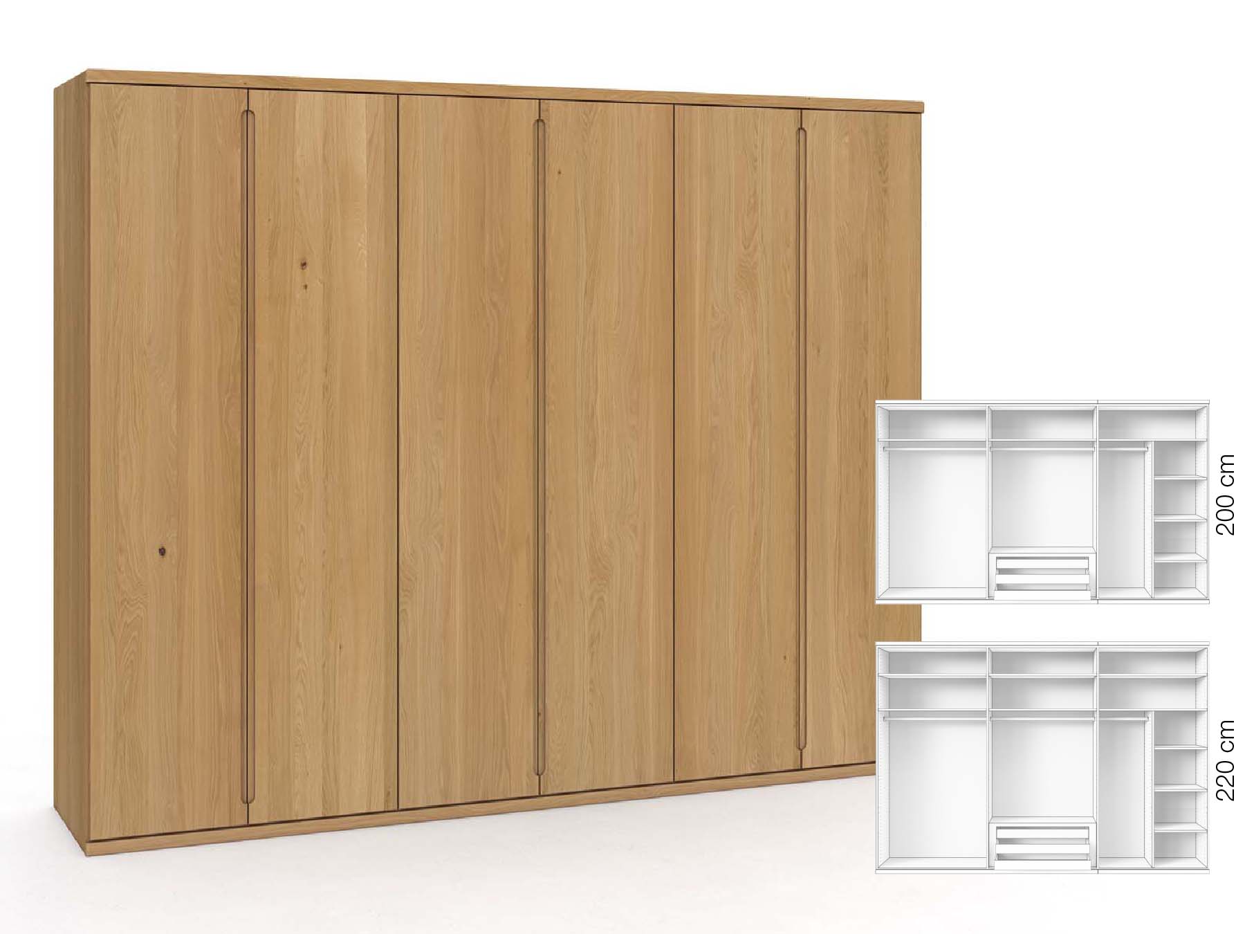 Eichenschrank Hell „Valentin“, 6-türig, Höhe 220 cm, Griffausführung „Lukas“, Inneneinrichtung: B