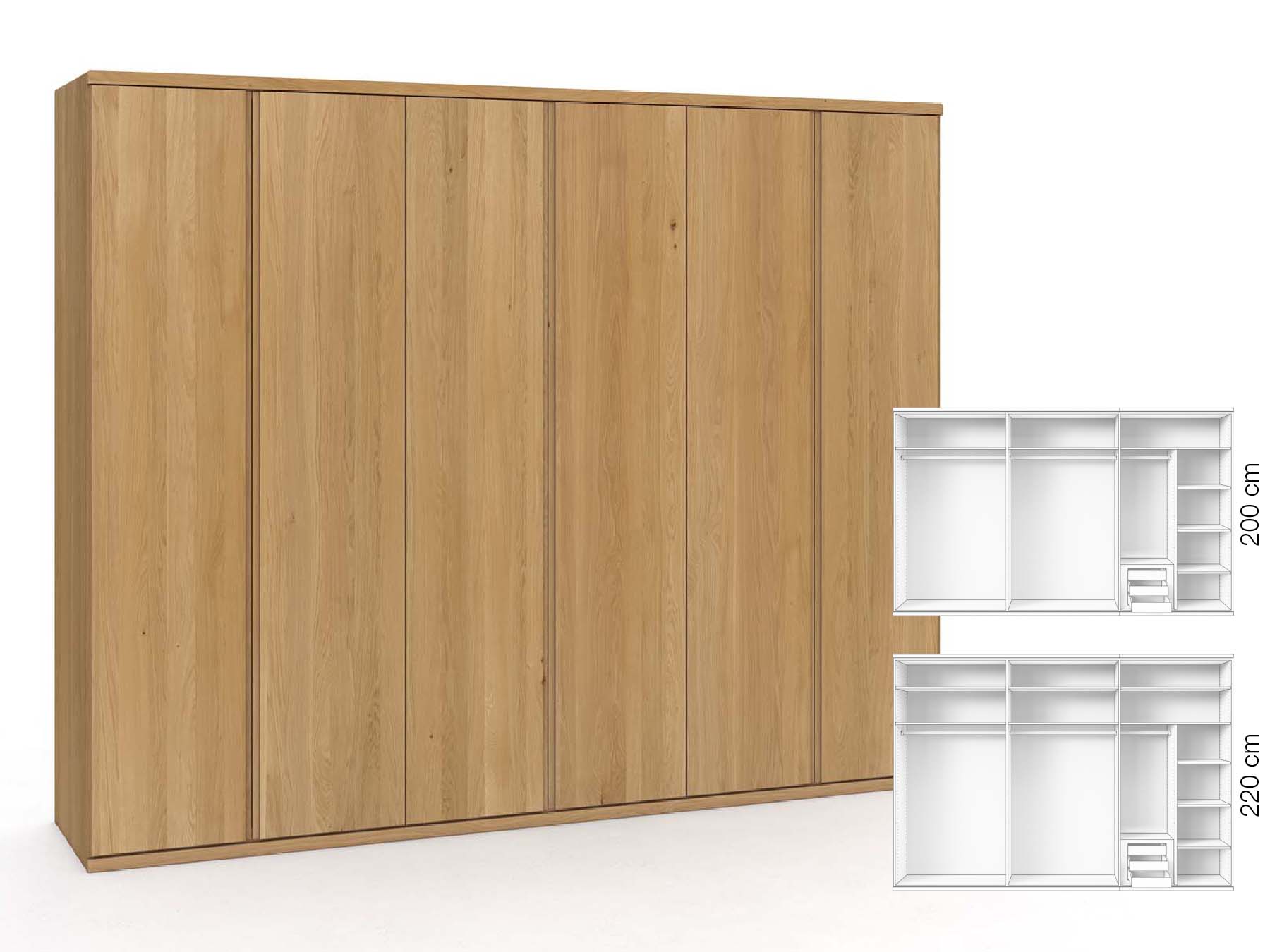 Eichenschrank Hell „Valentin“, 6-türig, Höhe 220 cm, Griffausführung „Patrizia“, Inneneinrichtung: C