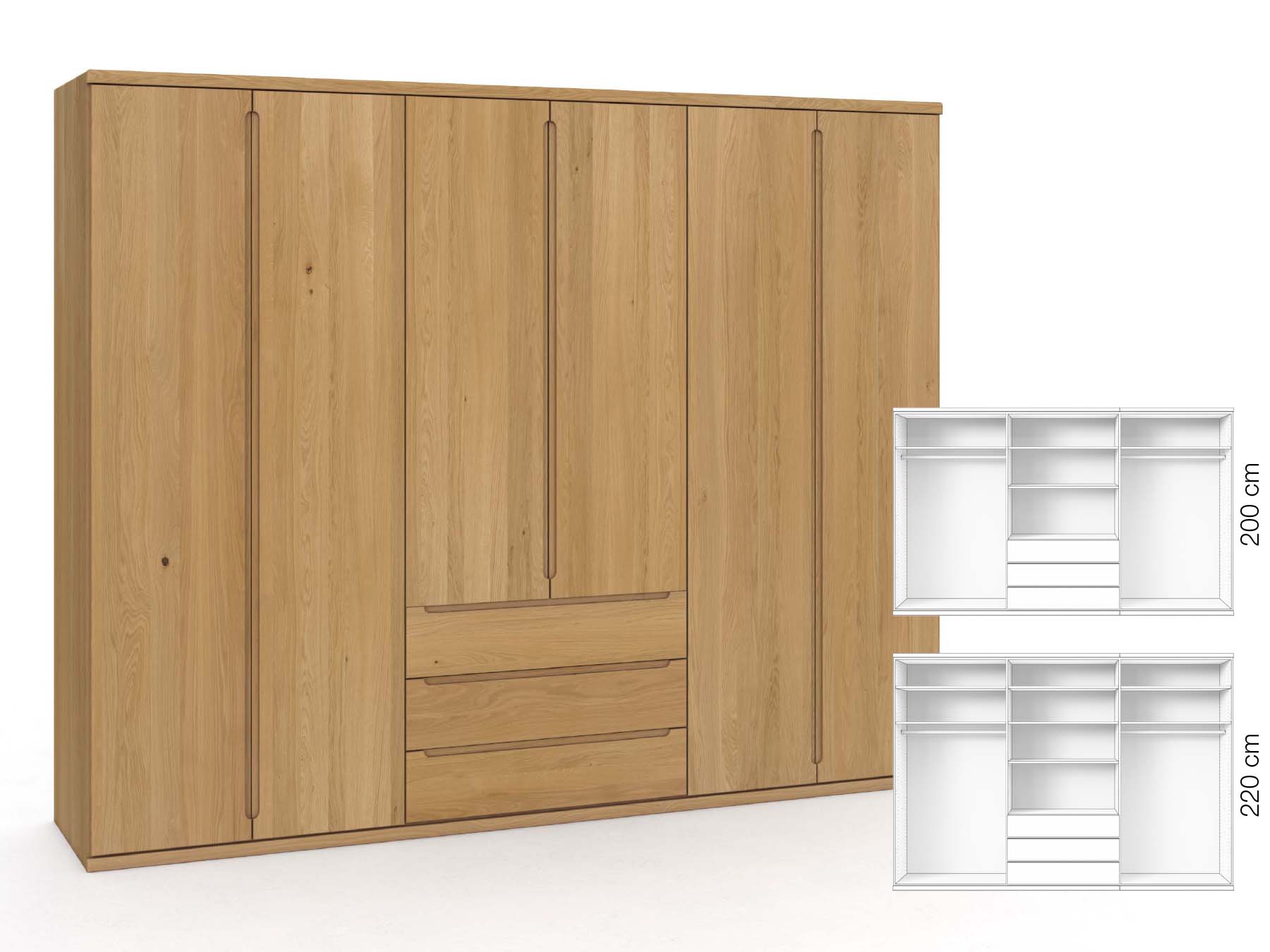 Eichenschrank Hell „Valentin“, 6-türig, Höhe 220 cm, Griffausführung „Lukas“, Inneneinrichtung: D