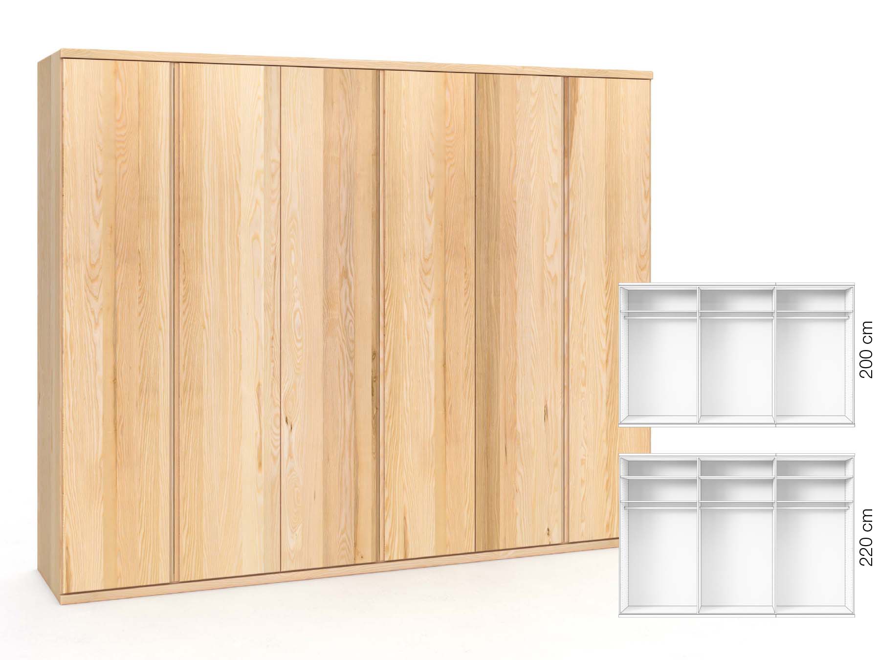 Eschenschrank „Valentin“, 6-türig, Höhe 220 cm, Griffausführung „Patrizia“, Inneneinrichtung: A