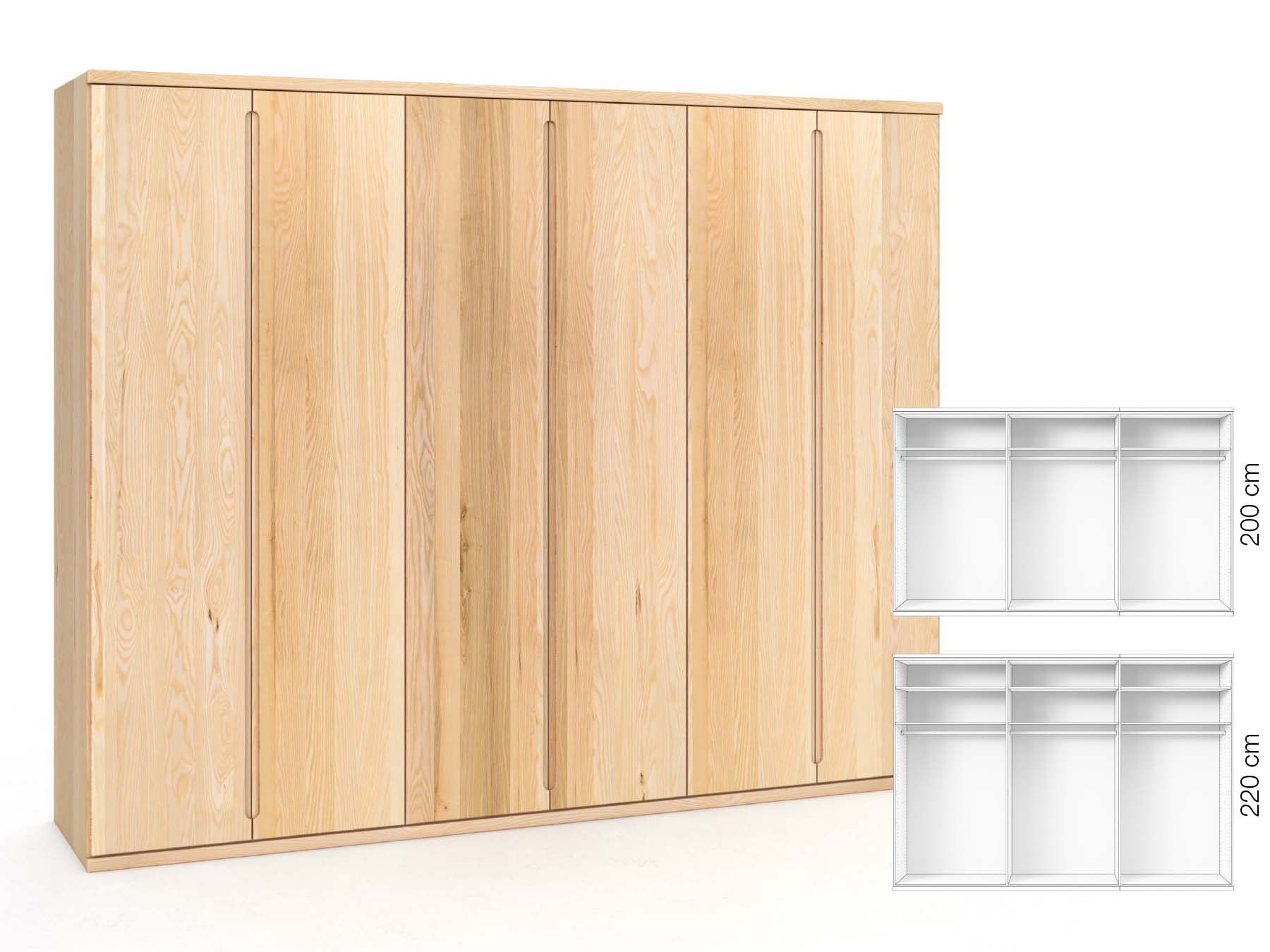 Eschenschrank „Valentin“, 6-türig, Höhe 220 cm, Griffausführung „Lukas“, Inneneinrichtung: A