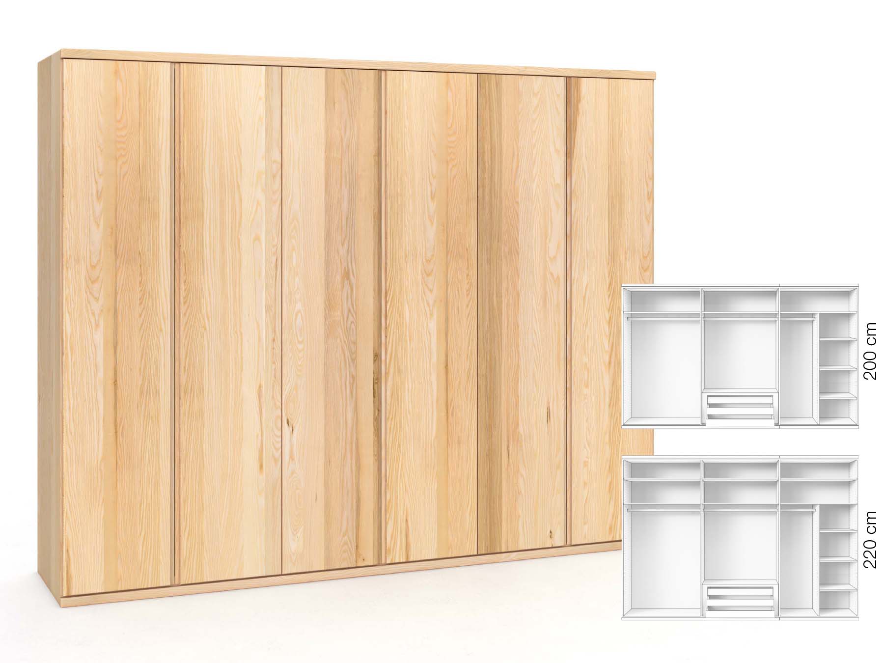 Eschenschrank „Valentin“, 6-türig, Höhe 220 cm, Griffausführung „Patrizia“, Inneneinrichtung: B