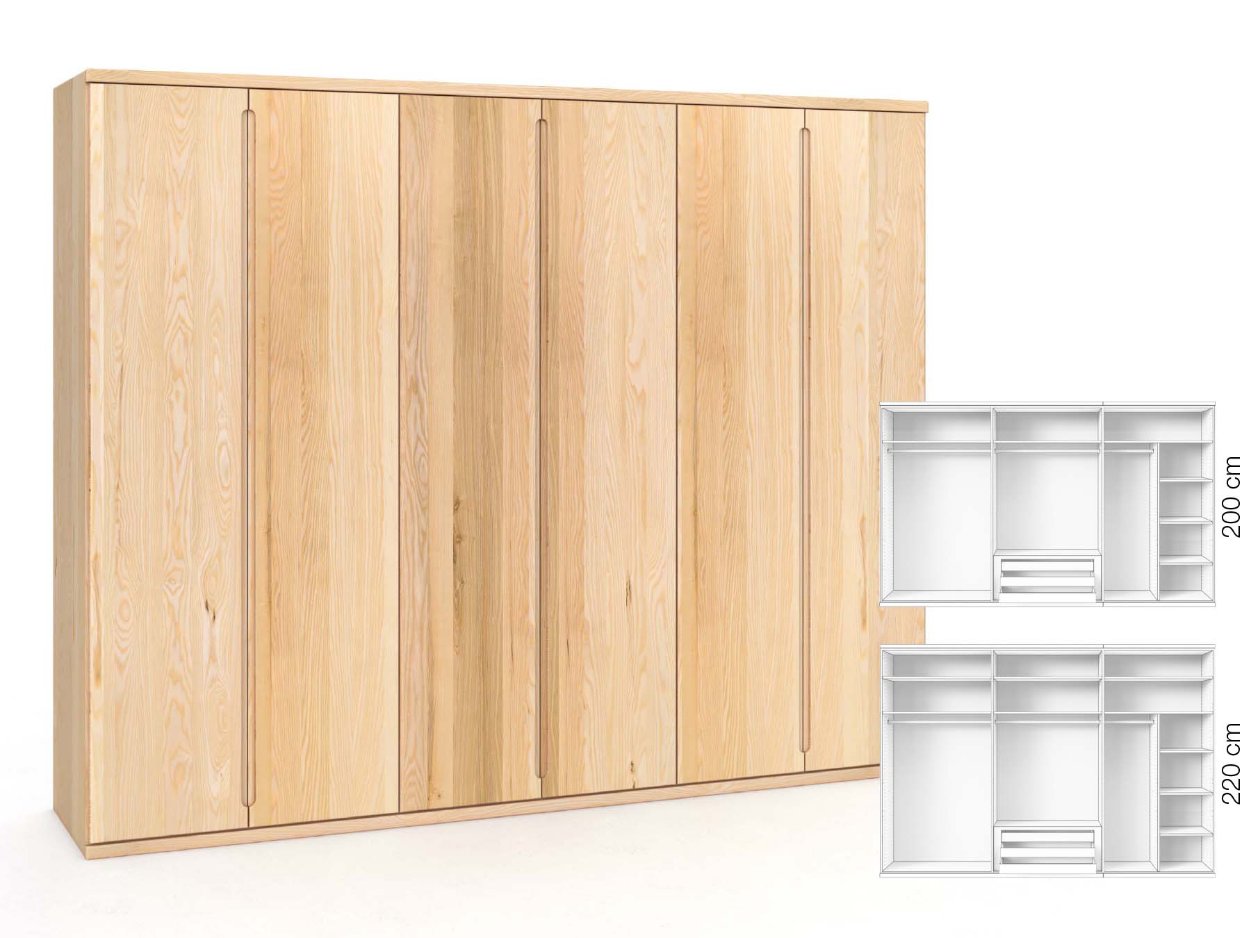 Eschenschrank „Valentin“, 6-türig, Höhe 220 cm, Griffausführung „Lukas“, Inneneinrichtung: B