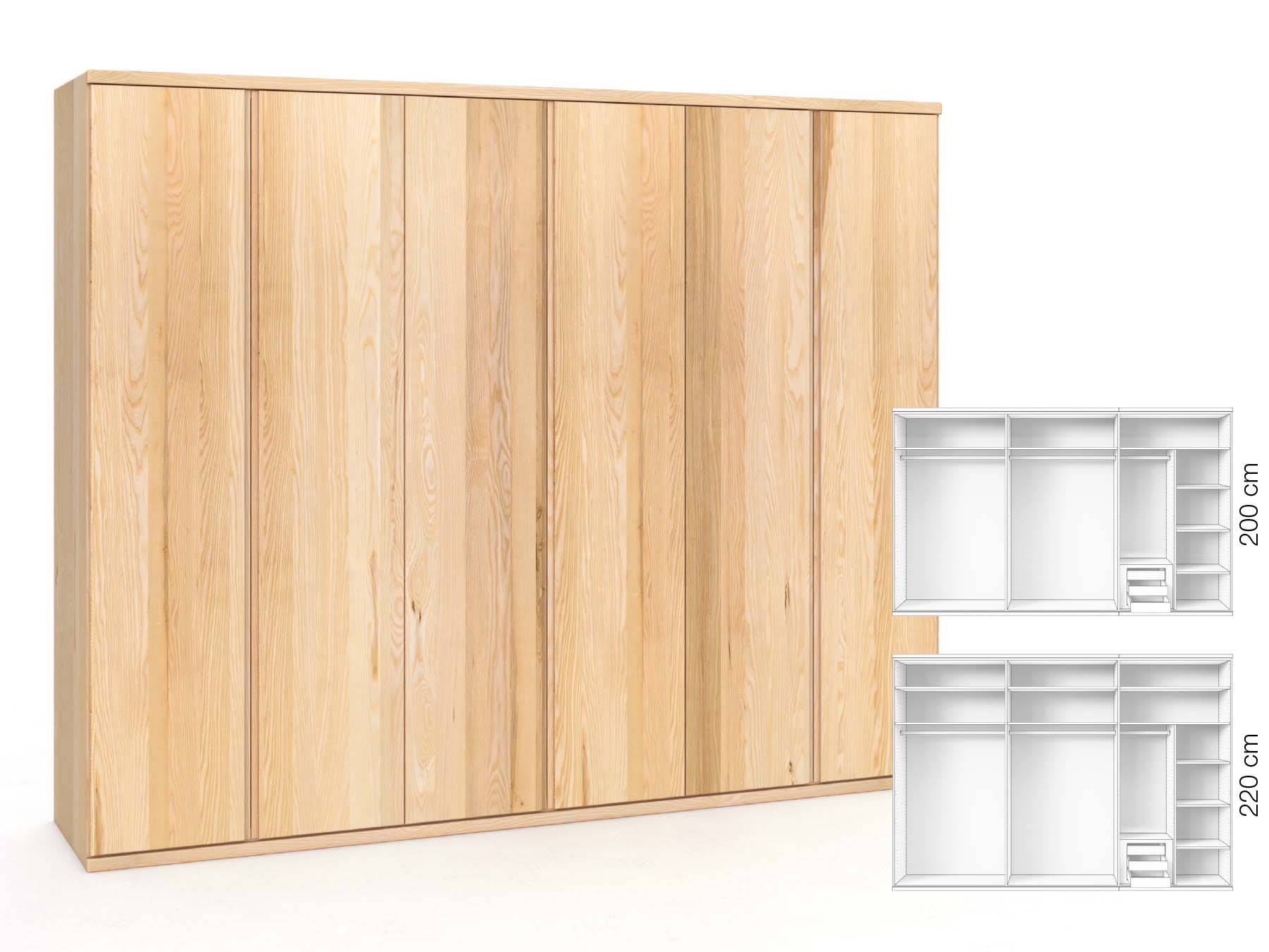 Eschenschrank „Valentin“, 6-türig, Höhe 220 cm, Griffausführung „Patrizia“, Inneneinrichtung: C