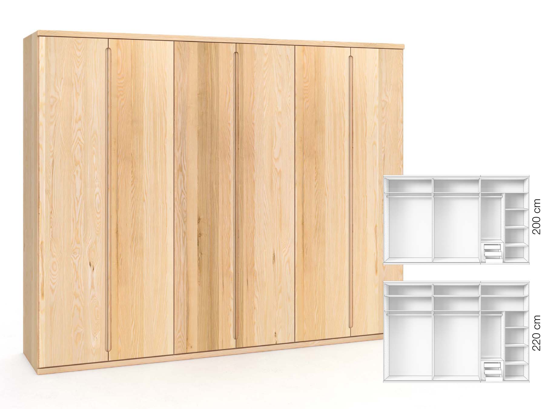 Eschenschrank „Valentin“, 6-türig, Höhe 220 cm, Griffausführung „Lukas“, Inneneinrichtung: C
