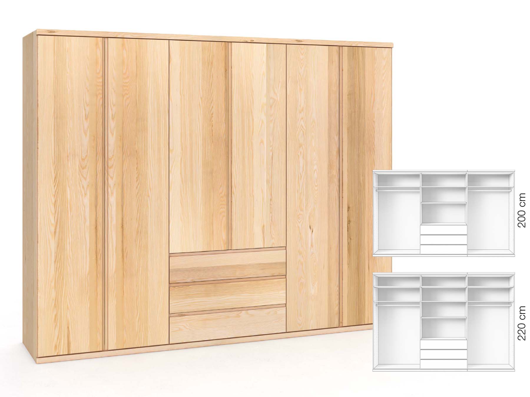 Eschenschrank „Valentin“, 6-türig, Höhe 220 cm, Griffausführung „Patrizia“, Inneneinrichtung: D