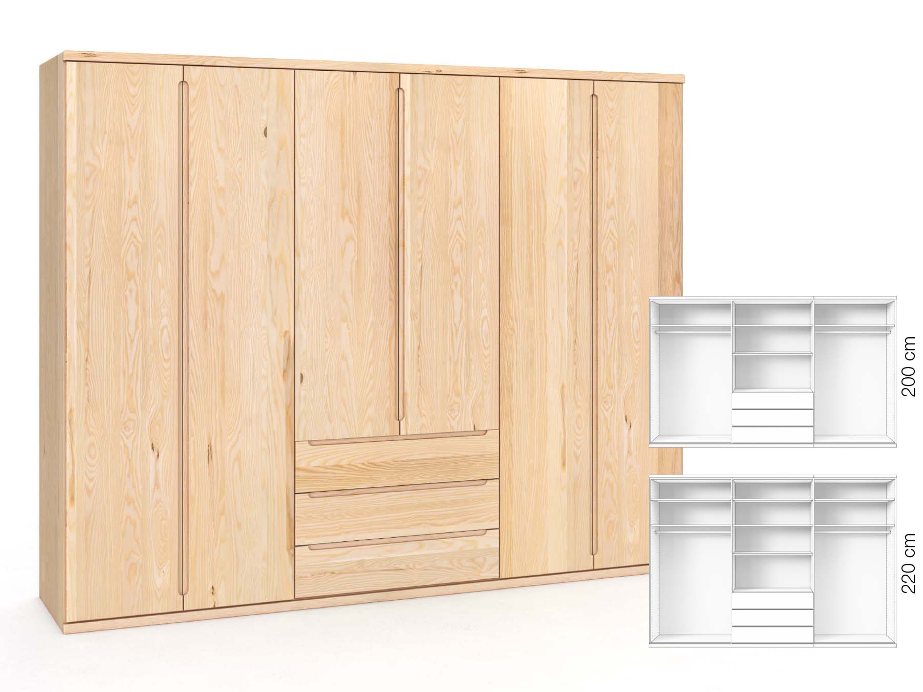 Eschenschrank „Valentin“, 6-türig, Höhe 220 cm, Griffausführung „Lukas“, Inneneinrichtung: D