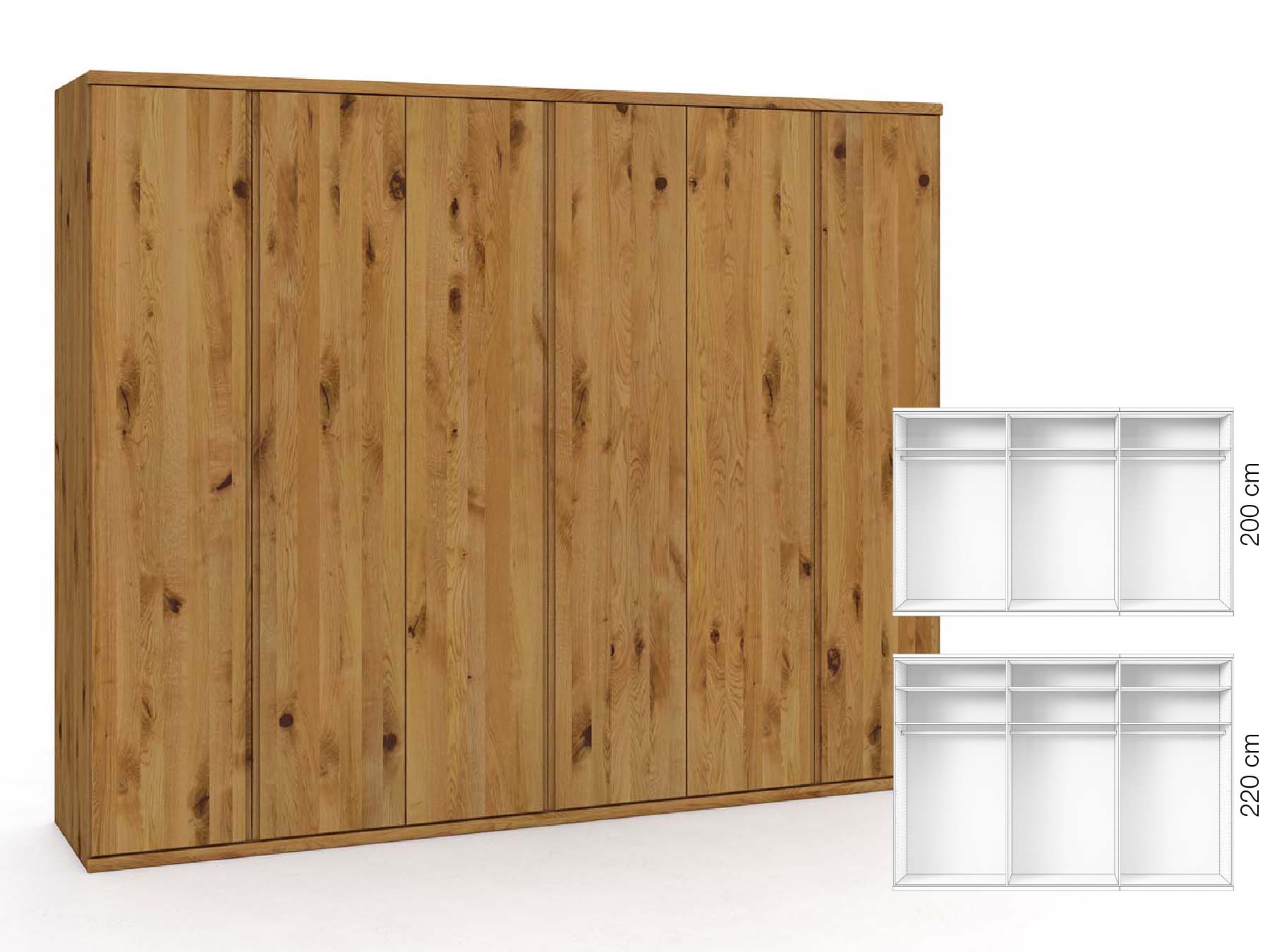 Wildeichenschrank „Valentin“, 6-türig, Höhe 220 cm, Griffausführung „Patrizia“, Inneneinrichtung: A
