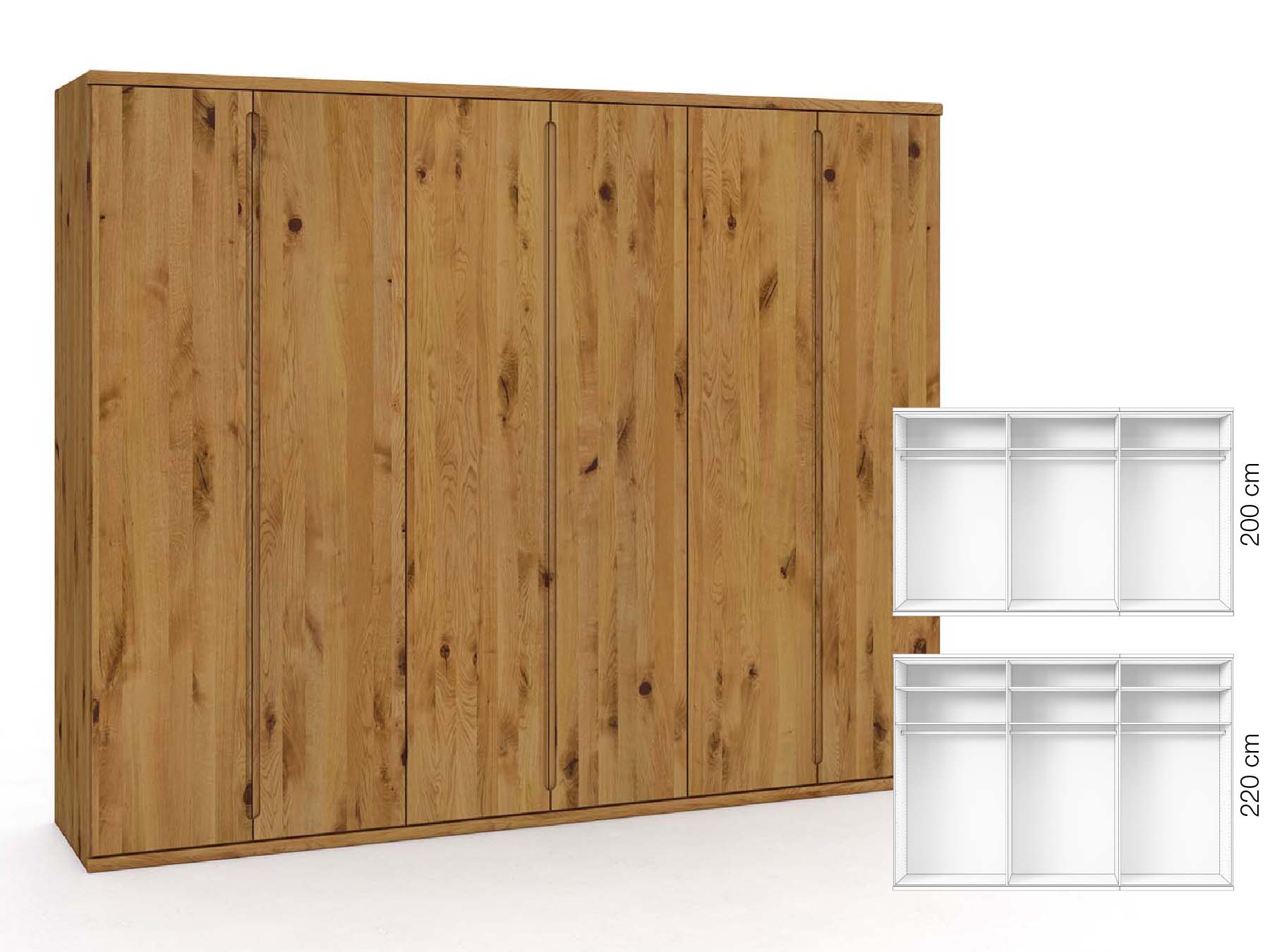 Wildeichenschrank „Valentin“, 6-türig, Höhe 220 cm, Griffausführung „Lukas“, Inneneinrichtung: A