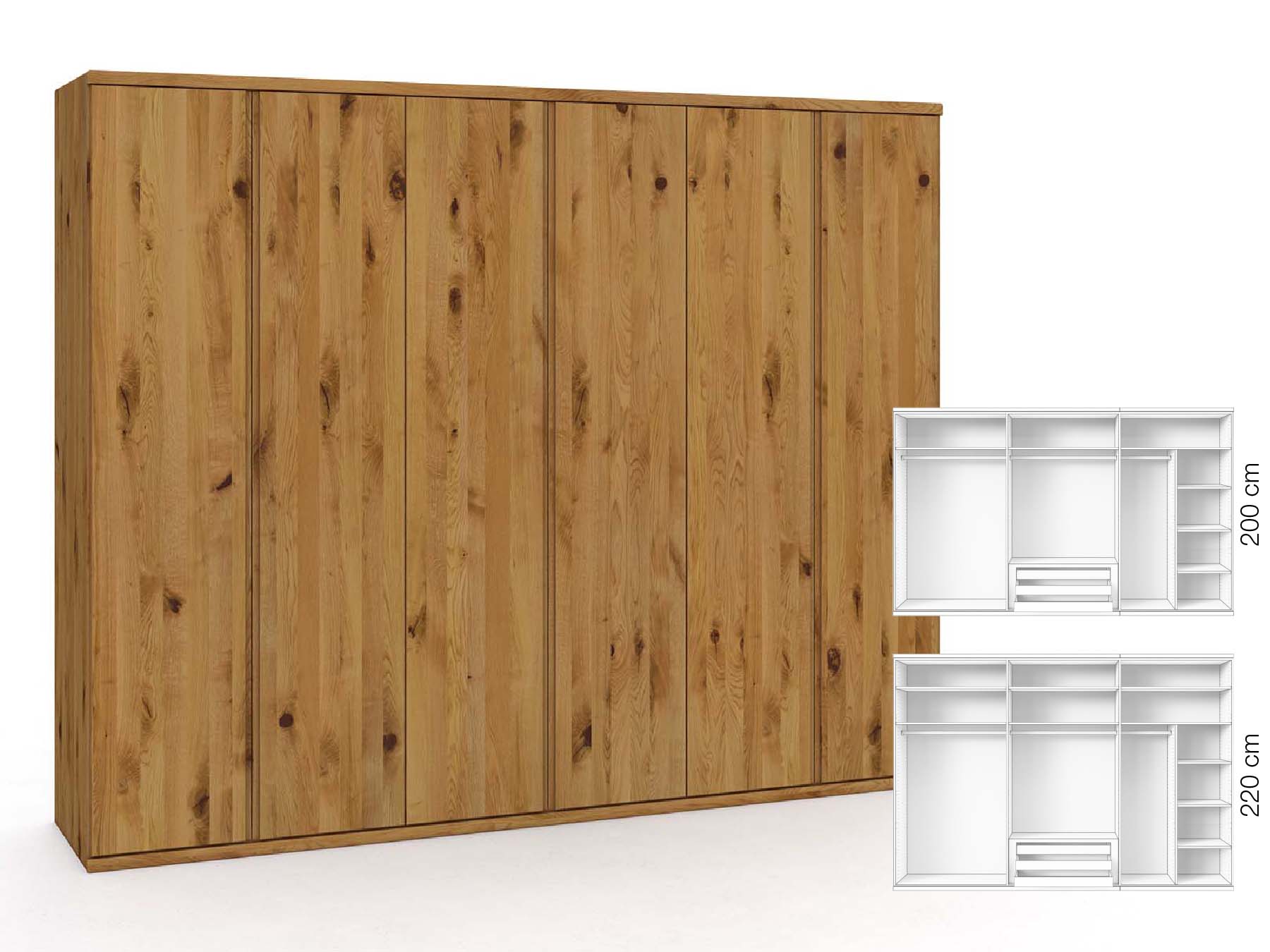 Wildeichenschrank „Valentin“, 6-türig, Höhe 220 cm, Griffausführung „Patrizia“, Inneneinrichtung: B