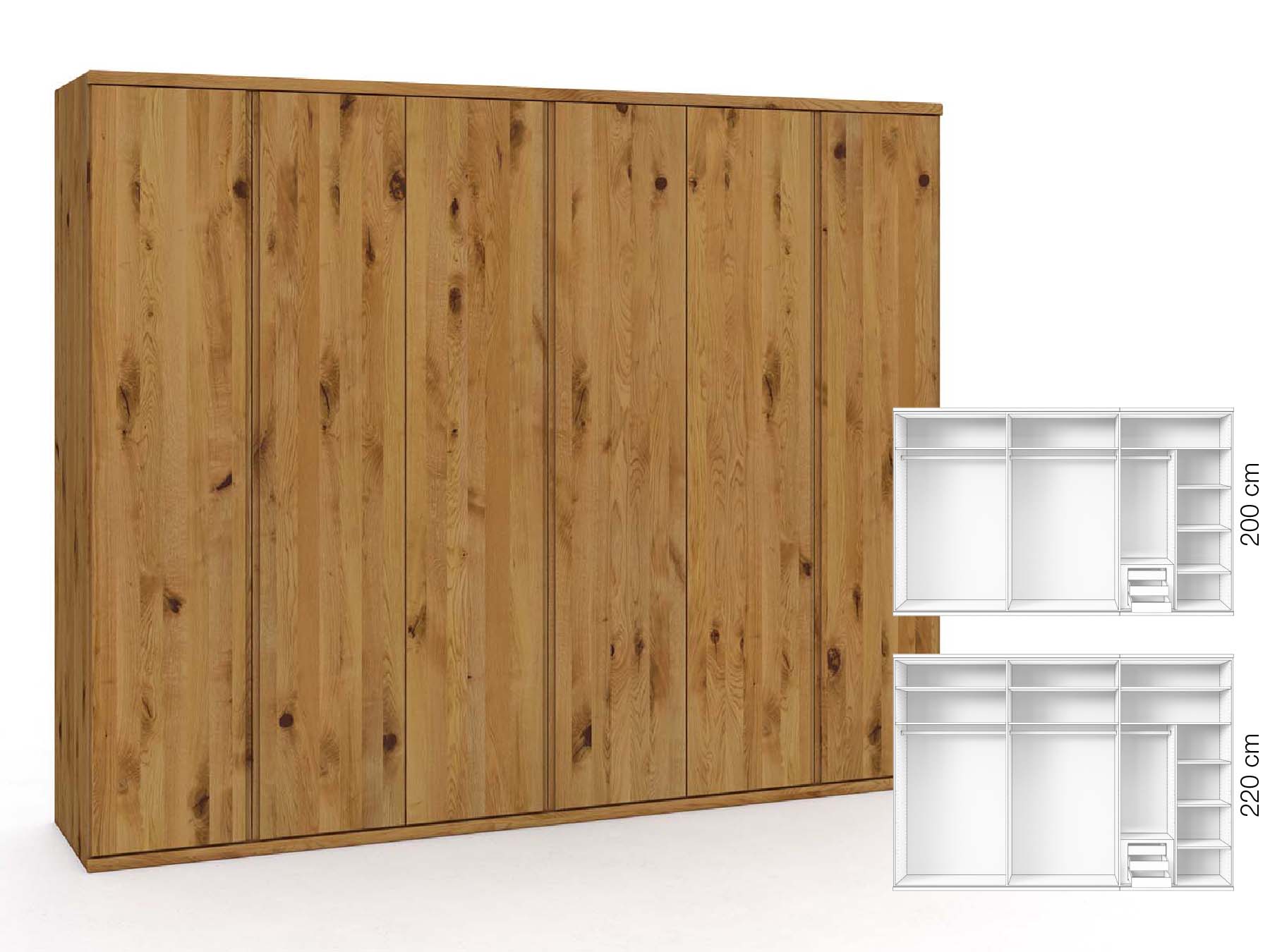 Wildeichenschrank „Valentin“, 6-türig, Höhe 220 cm, Griffausführung „Patrizia“, Inneneinrichtung: C