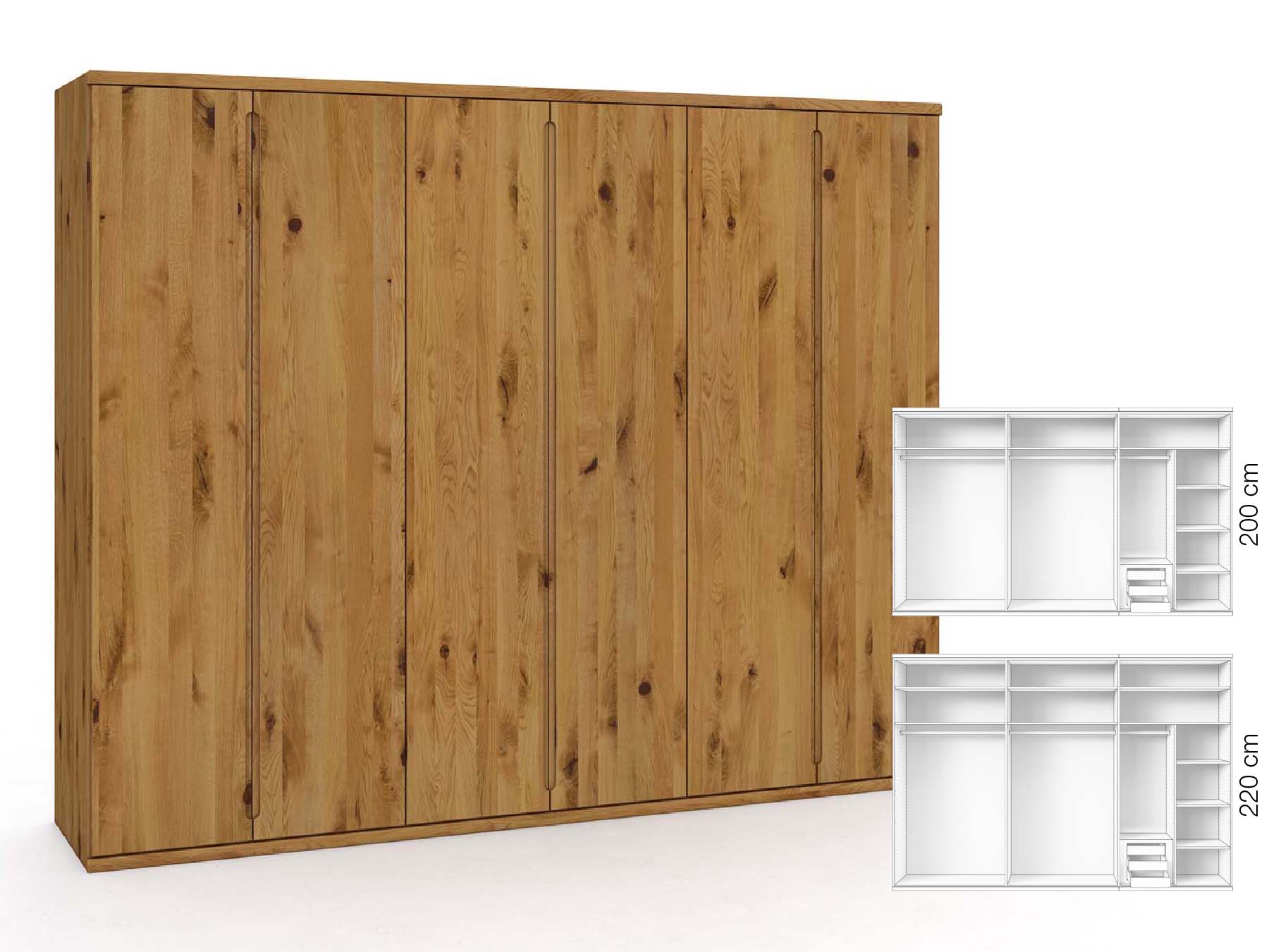 Wildeichenschrank „Valentin“, 6-türig, Höhe 220 cm, Griffausführung „Lukas“, Inneneinrichtung: C